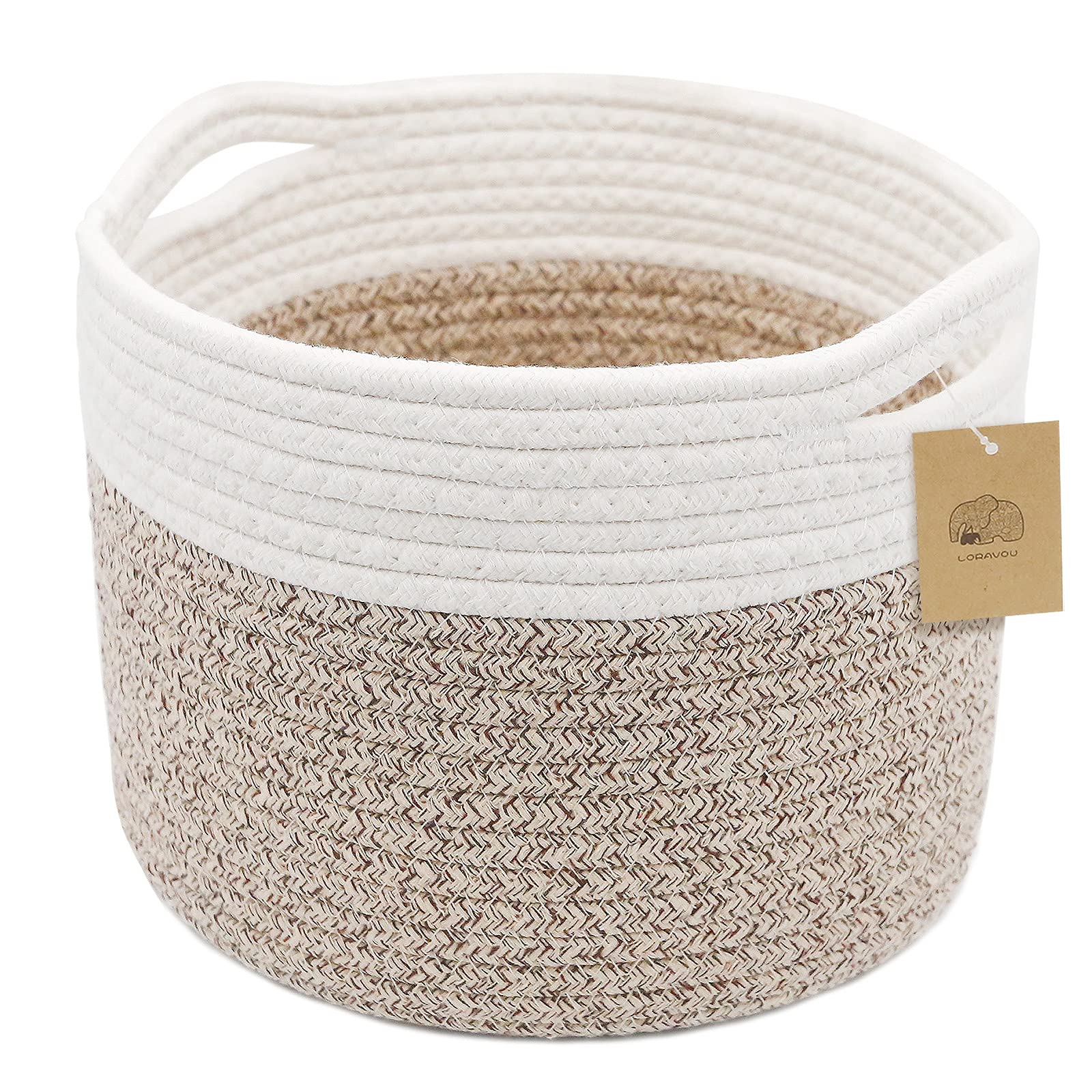 Round Woven Rope Basket with Handle - 9.5x9.5x7.1 Inch Cotton Storage Basket for Nursery, Shelf & Home Decor - Brown Beige Mixed Design - 8.2L Capacity - Perfect for Baby Room Organization, Bathroom Towels & Living Room Storage