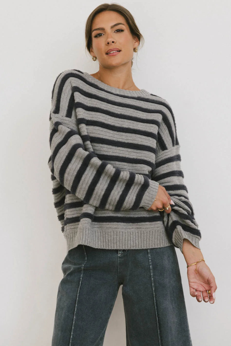 Azuline Striped Sweater Women's Grey Knit Pullover - Cozy Casual Winter Wear for Office & Weekend Outings