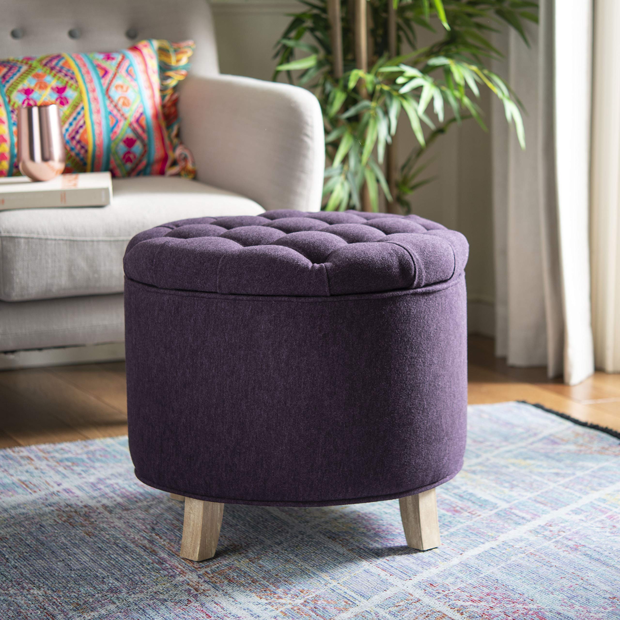Safavieh Hudson Collection Amelia Tufted Storage Ottoman in Plum - Stylish Footrest, Extra Seating & Hidden Storage for Living Room, Bedroom or Nursery