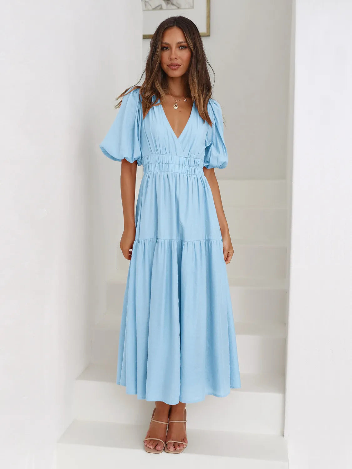 Elegant Surplice Neckline Half Puff Sleeve Midi Dress for Women | Flowy Summer Dress for Beach, Wedding & Cocktail Parties