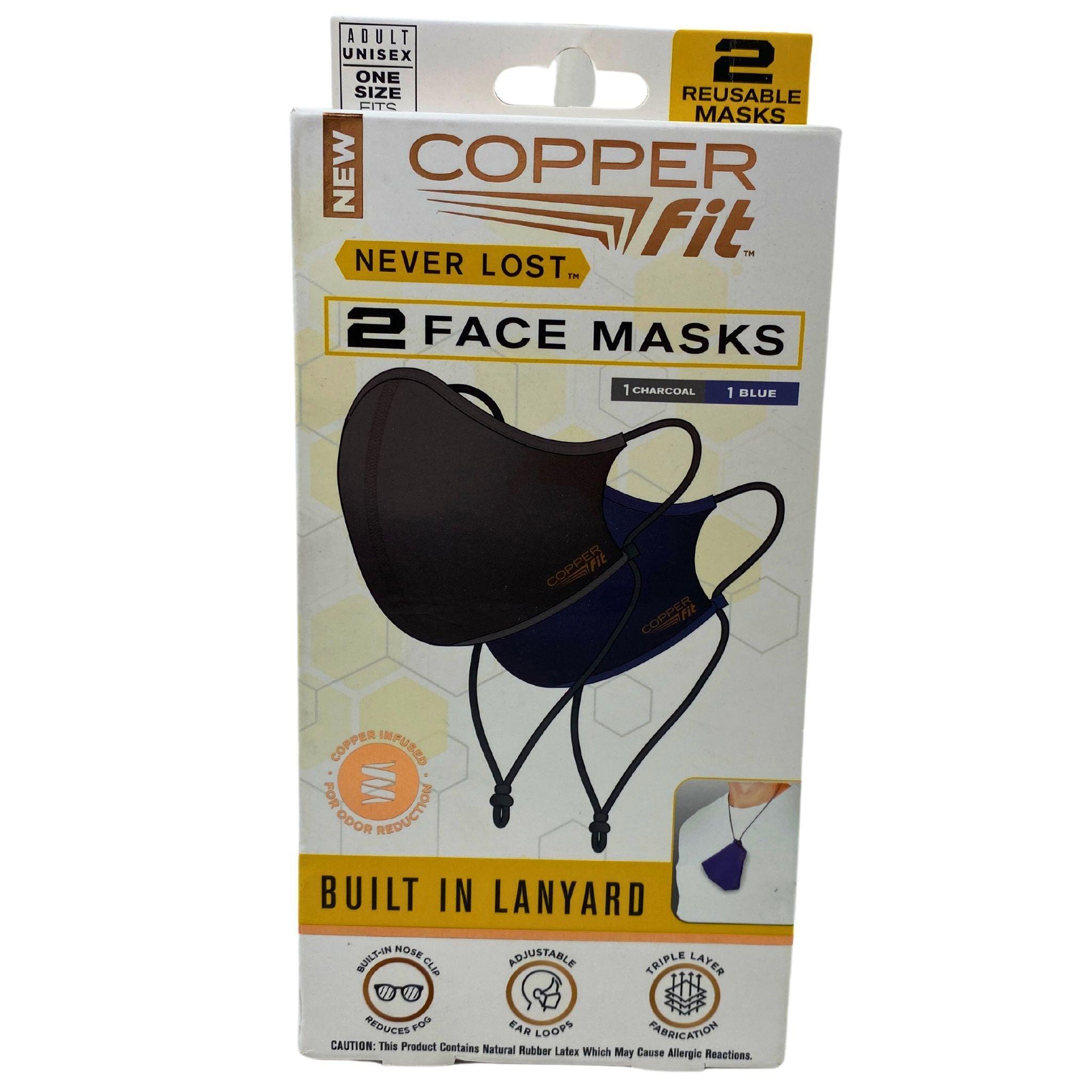 COPPERfit Never Lost 2 Face Masks - 1 Charcoal & 1 Blue with Built-In Lanyard (50 Pack) - Reusable Protective Face Coverings for Work, Travel & Daily Use