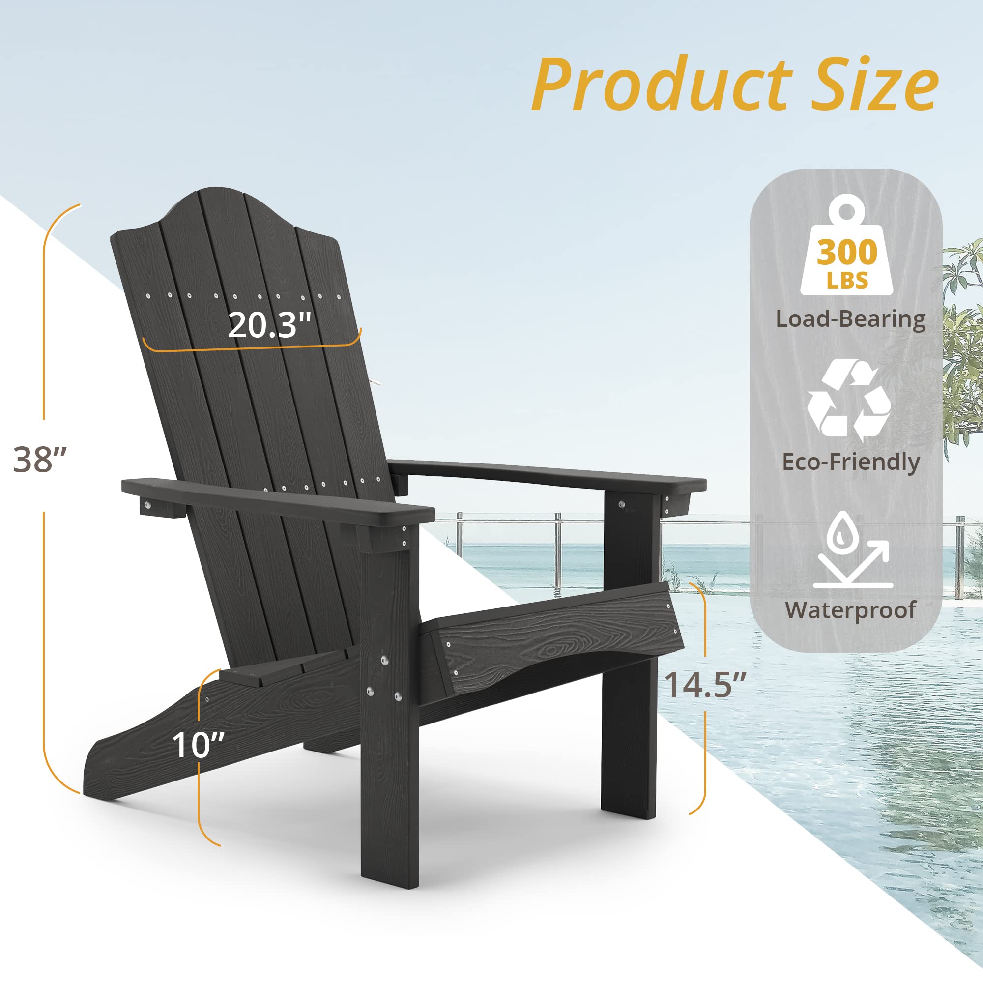LUE BONA Adirondack Chairs Set of 4 - Black Poly Outdoor Patio Furniture, Modern Plastic Adirondack Chairs with Fire Pit, Weather-Resistant for Deck, Poolside, Garden & Backyard Relaxation | Perfect for Lounging, Campfires & Outdoor Entertaining