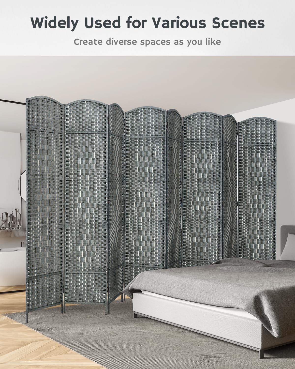 JOSTYLE 6ft Tall Extra Wide Folding Room Divider - Diamond Double-Weave Privacy Screen for Home & Office (Grey, 8-Panel) | Freestanding Partition for Bedroom, Living Room & Workspace