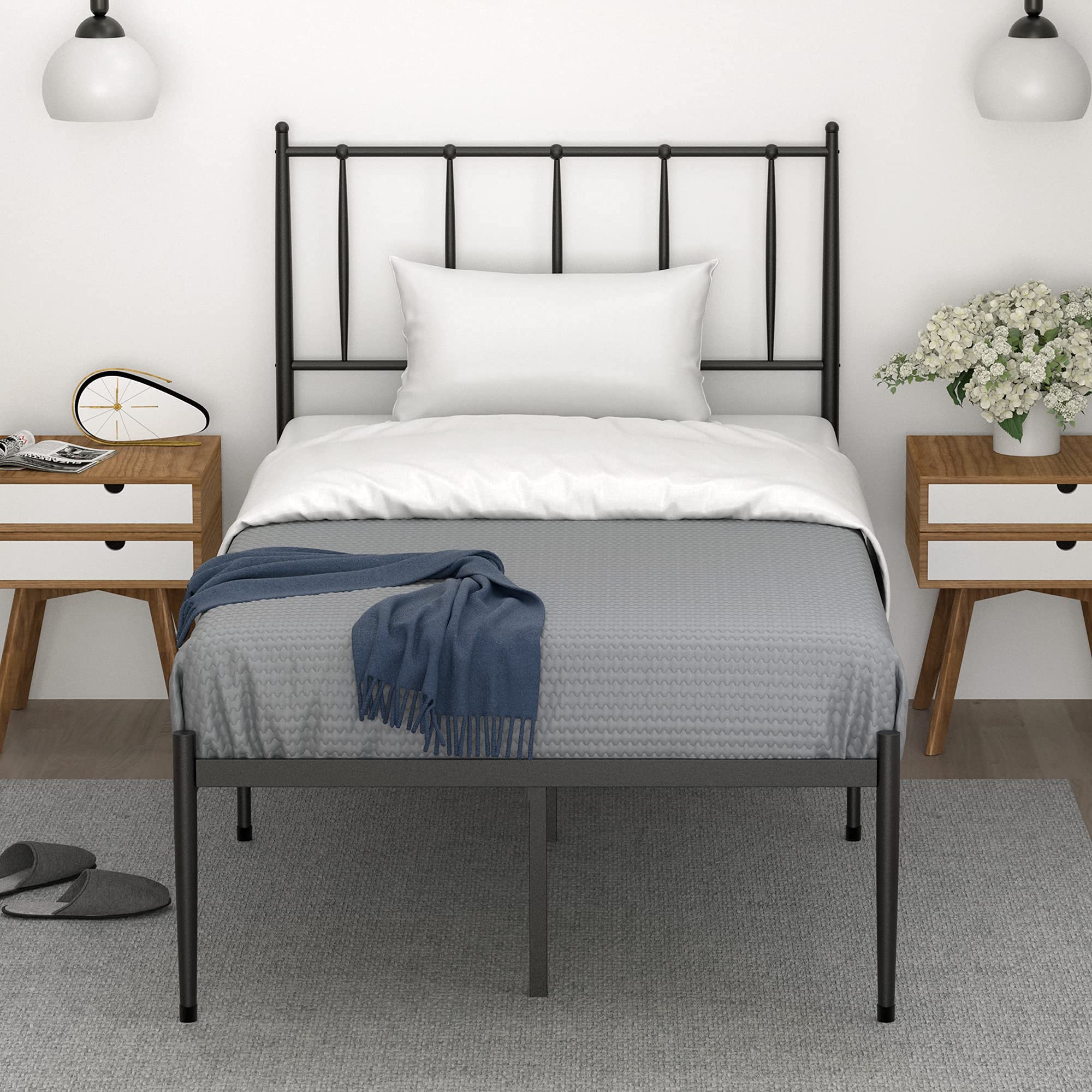 Twin Size Metal Platform Bed Frame with Headboard - Sturdy Mattress Foundation with Slat Support, 12.3