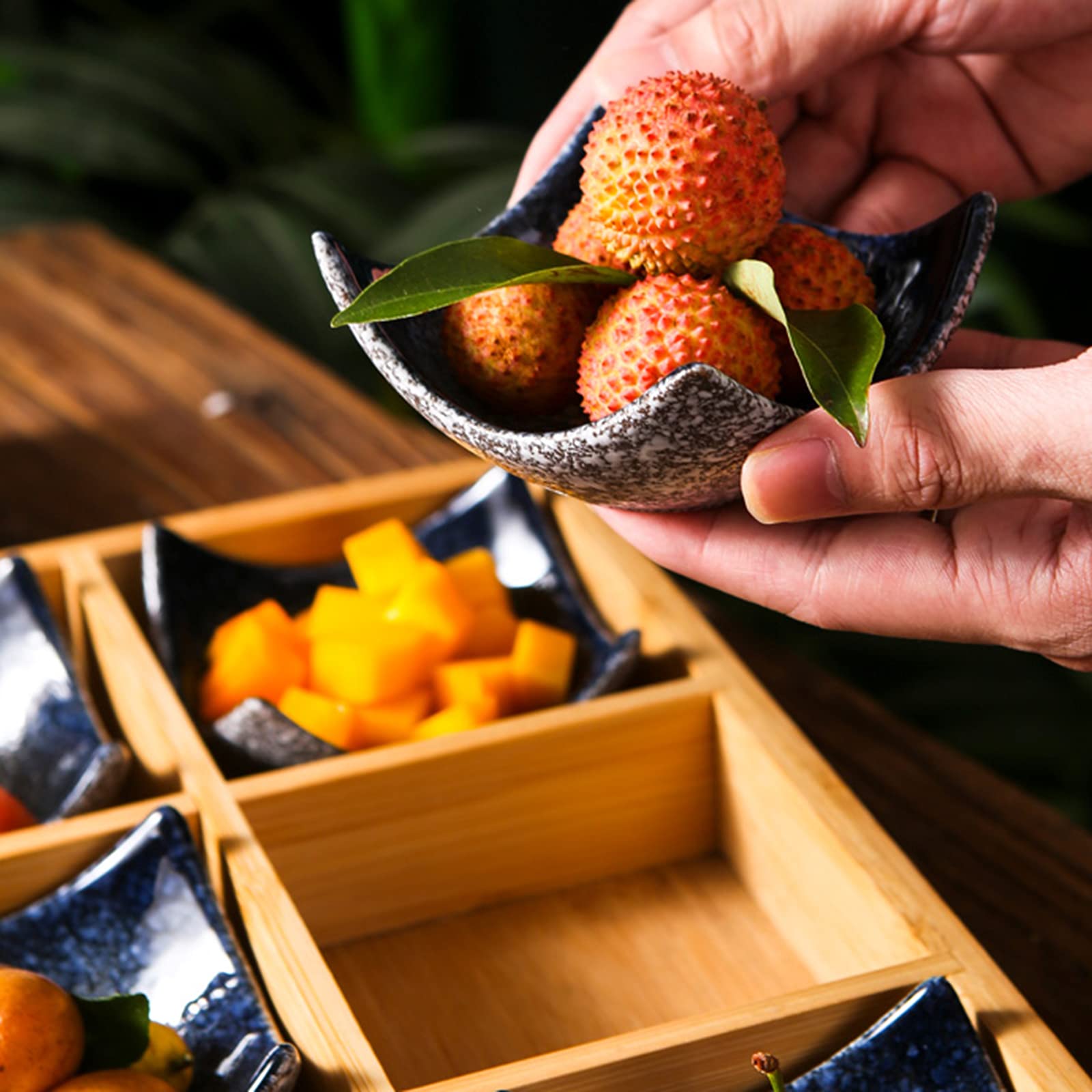 AIZYR Wooden Bamboo Serving Tray with Ceramic Plate - Elegant Food Tray for Snacks, Desserts, Fruits, Appetizers & Condiments - Perfect for Home, Kitchen, Party & Restaurant Use