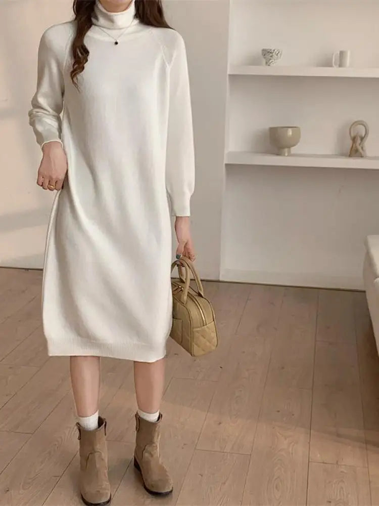 2023 Fall Winter Women's Solid High Neck Casual Loose Knit Sweater Dress - Long Sleeve Straight Fit Simple Elegant Style for Office, Dating & Holiday Outfits