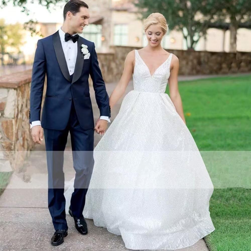 Sparkly Elegant V-Neck Beach Wedding Dress for Bride - Glitter Bridal Gown for Women | Perfect for Beach Weddings, Outdoor Ceremonies & Romantic Parties