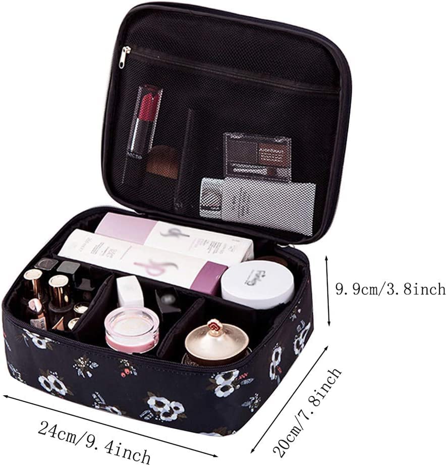 Jarvis Portable Travel Makeup Bag Organizer for Women - Waterproof Cosmetic & Toiletry Storage Case with Dividers - Perfect for Travel, Gym, and Daily Use (Black Floral Design)