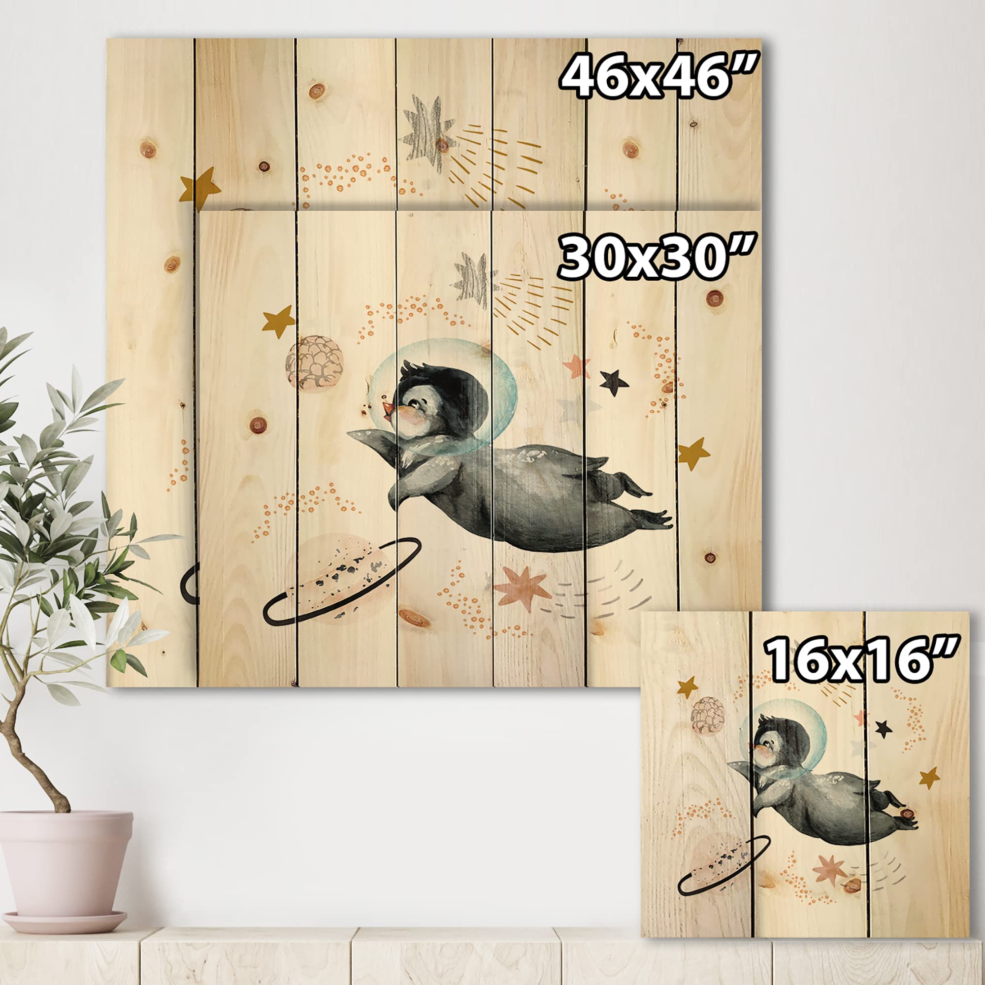 DesignQ Little Penguin Flying Stars & Planets II Farmhouse Wood Wall Decor - Grey Wood Wall Art, Large Animal Wood Panels Printed on Natural Pine - Perfect for Nursery, Kids Room & Living Room Decor