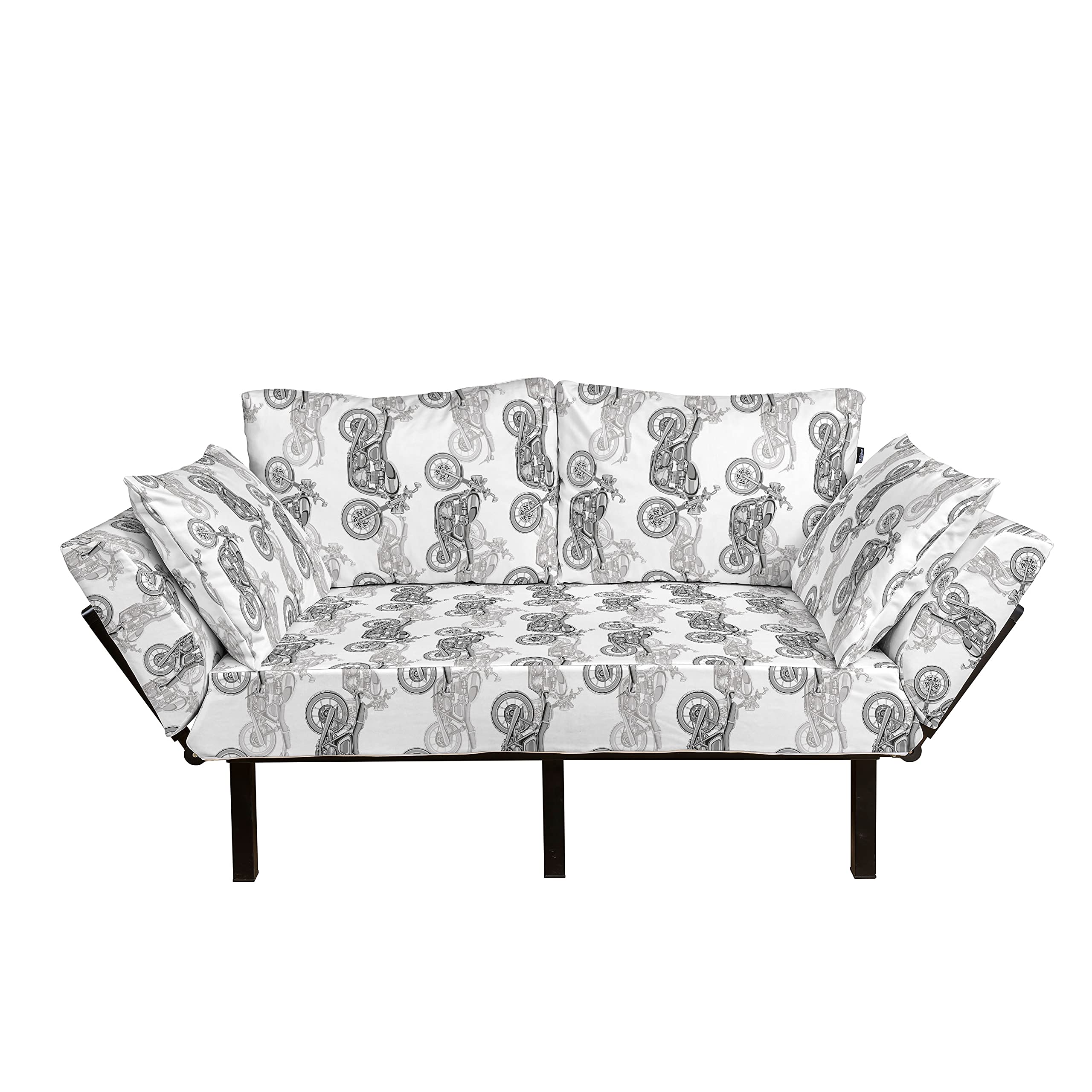 Ambesonne Motorcycle Futon Couch - Classic Motorcycle Grayscale Design with Metal Frame, Upholstered Daybed Sofa for Living Room, Dorm, or Office - Grey, White & Black - Perfect for Small Spaces & Motorcycle Enthusiasts