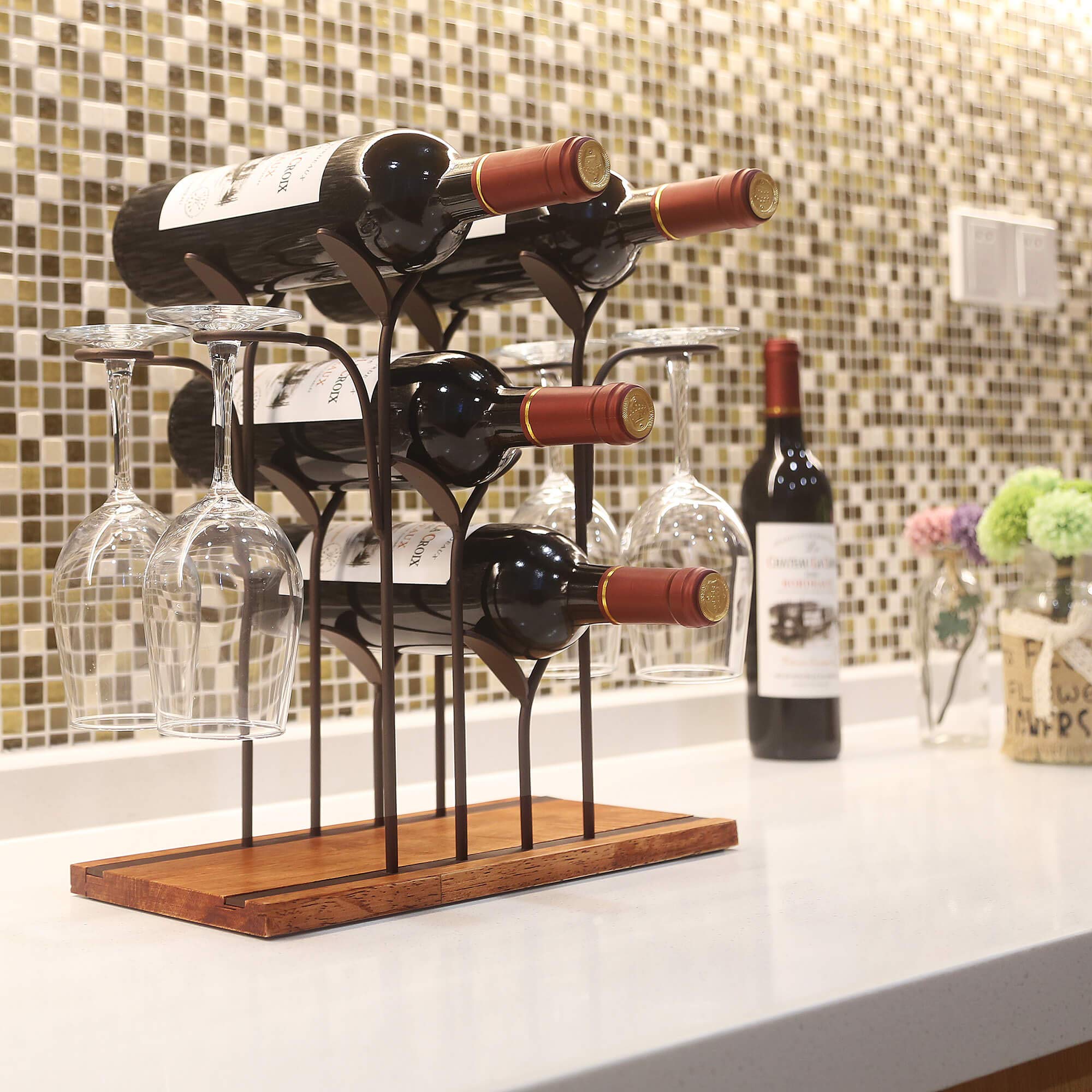 Wooden Tabletop Wine Rack Holder - Holds 4 Bottles & 4 Glasses - Bronze Metal & Wood Countertop Wine Storage - Perfect for Home Bar, Kitchen, Dining Room, Wine Cellar, Cabinet & Pantry Organization - Elegant Wine Display for Parties & Entertaining