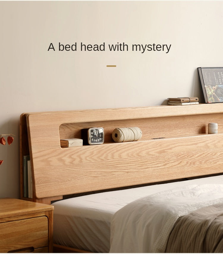 Solid Oak and Beech Wood Bed with Built-in LED Lights and Bookshelf - Modern Bedroom Furniture for Small Spaces, Lofts, and Studio Apartments