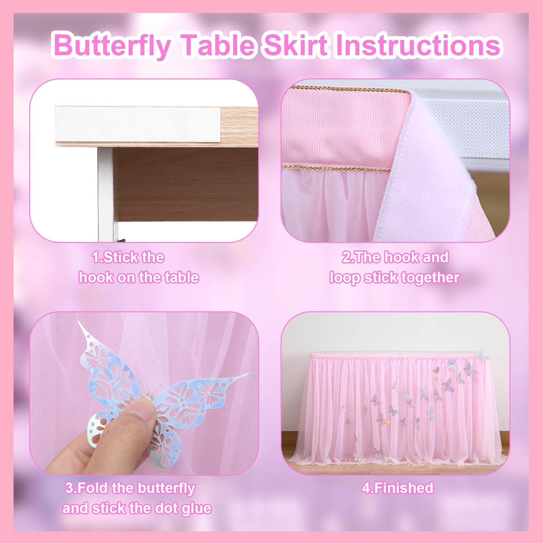 9ft Pink Butterfly Tulle Table Skirt for Rectangle & Round Tables - Tutu Tablecloth for Baby Showers, Girls Birthday Parties, Weddings & Cake Table Decorations - Perfect for Butterfly Theme Events & Dessert Displays