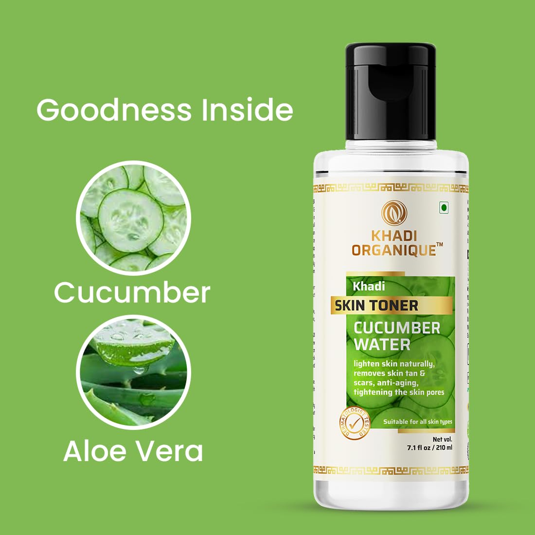 Khadi Organique Cucumber Water & Activated Charcoal Skin Toner - Removes Dead Skin Cells, Dirt & Pollutants | Refreshing Facial Toner for Oily & Acne-Prone Skin | Perfect for Daily Skincare Routine & Post-Cleansing Treatment