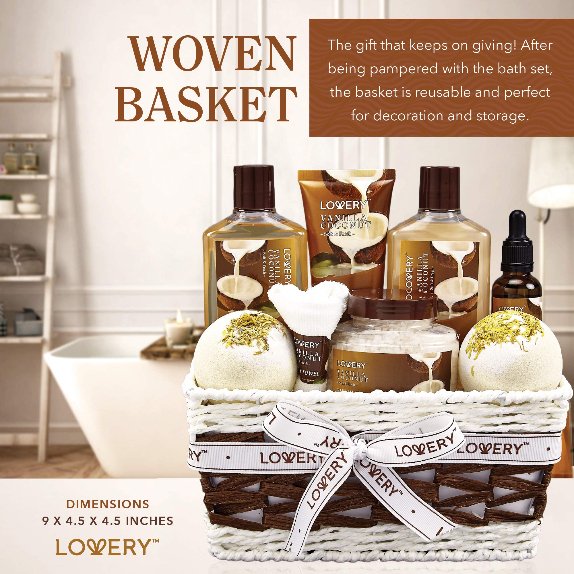 Vanilla Coconut Spa Gift Basket for Women & Men - 9 Piece Luxury Bath & Body Set with Bath Bombs, Lotion, Coconut Oil & Plush Towel | Perfect Birthday, Anniversary & Holiday Present for Relaxation & Self-Care