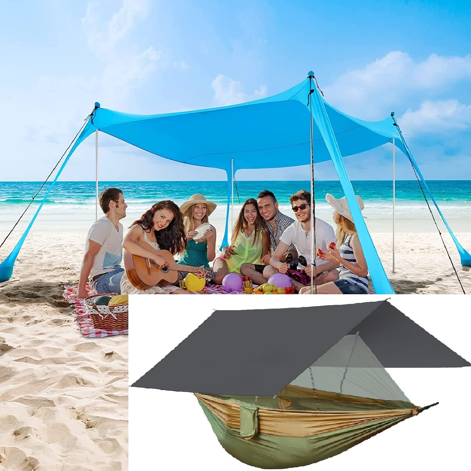 COMMOUDS Portable Camping Hammock with Mosquito Net & Rain Fly - 2 Person Lightweight Hammock Tent Set with Tarp, Tree Straps & UPF50+ Beach Canopy (Includes 4 Aluminum Poles) - Perfect for Backpacking, Beach Trips, and Outdoor Adventures