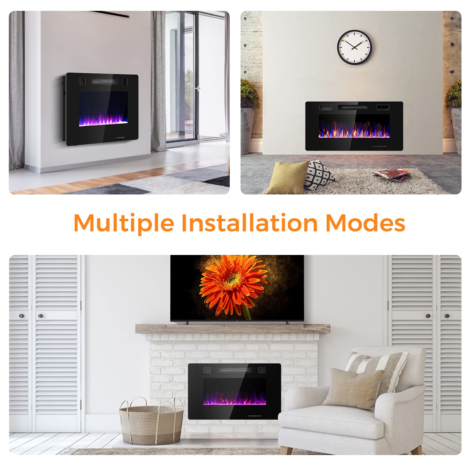 COSTWAY 30-Inch Electric Fireplace Insert with Remote - 750W/1500W Wall Recessed or Mounted Heater - 12 Flame Colors & 5 Brightness Settings - 8H Timer - Indoor Use for Living Room, Bedroom, Office