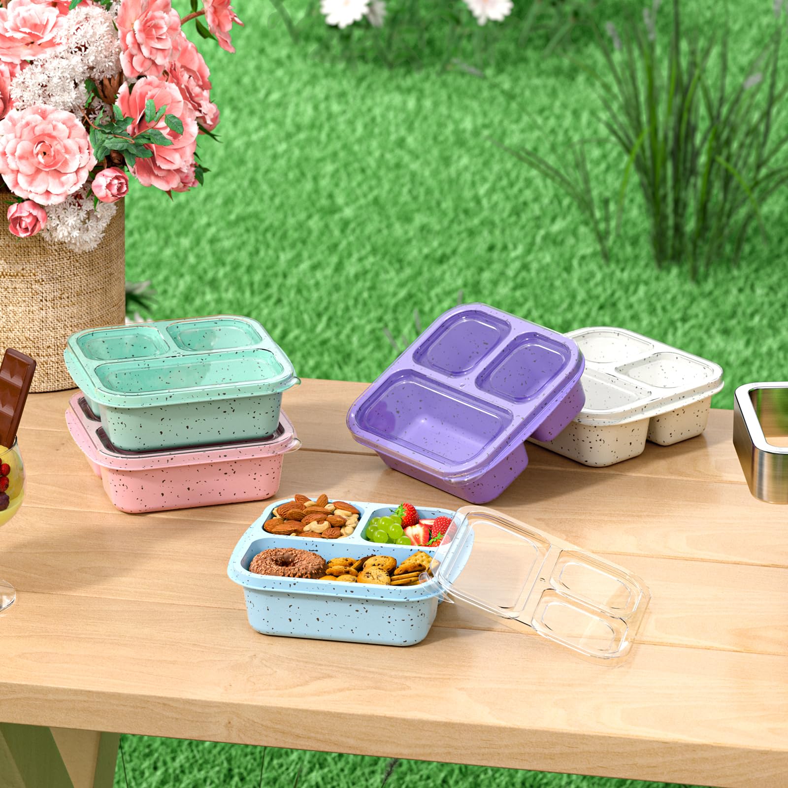 Stackable Bento Box (3-Pack) - 3-Compartment Reusable Lunch Containers for Kids & Adults | Meal Prep & On-the-Go