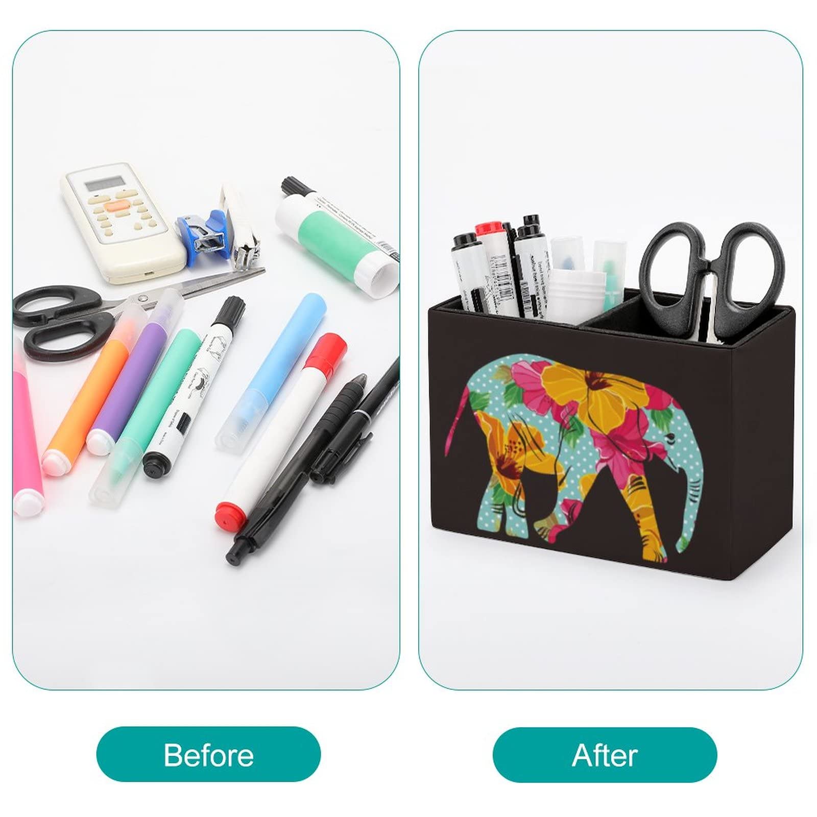 Cartoon Elephant Floral Pen Holder - Leather Desk Pencil Organizer for Office, School & College | Perfect for Storing Pens, Pencils & Makeup Brushes | Stylish Desktop Storage Solution for Students & Professionals
