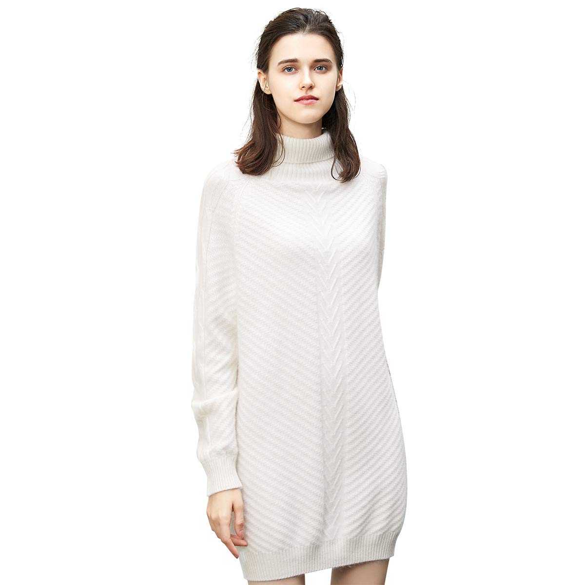 ZHILI 2018 Winter Cowl Neck White Thick Cashmere Sweater Dress for Women | Warm Cozy Knit Dress for Holiday Parties & Office Wear