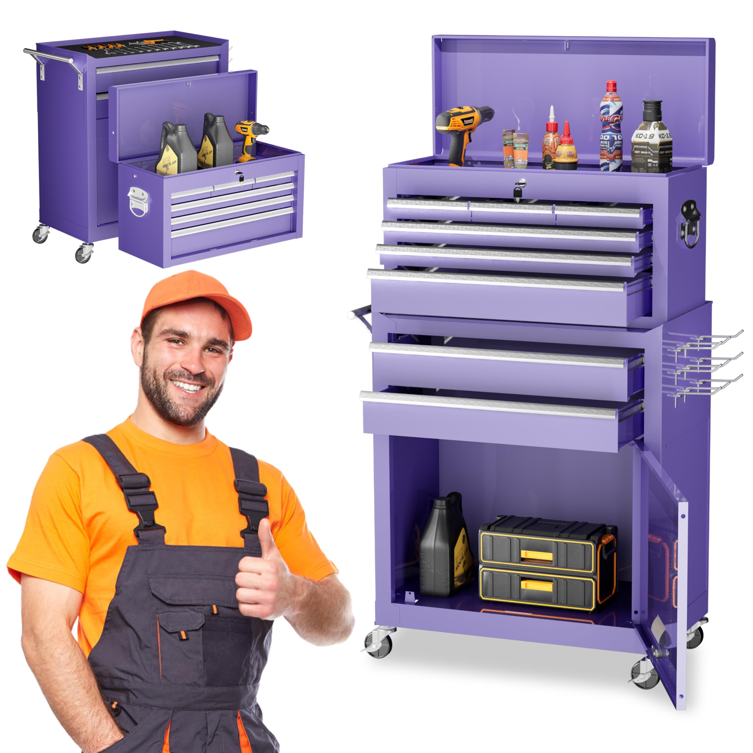 8-Drawer Rolling Tool Chest with Wheels - Detachable Metal Tool Cabinet with Locking Top Tool Box for Garage, Workshop & Auto Repair | Heavy-Duty Storage for Tools & Equipment (Purple)