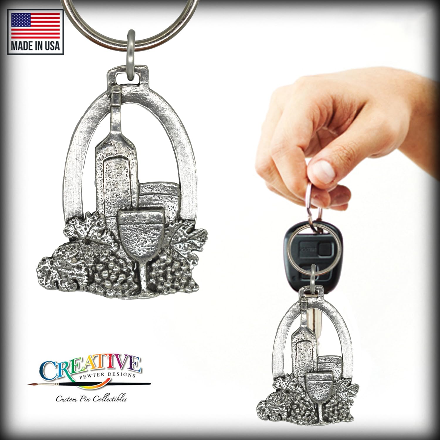 Handmade Pewter Wine Bottle Keychain - 2