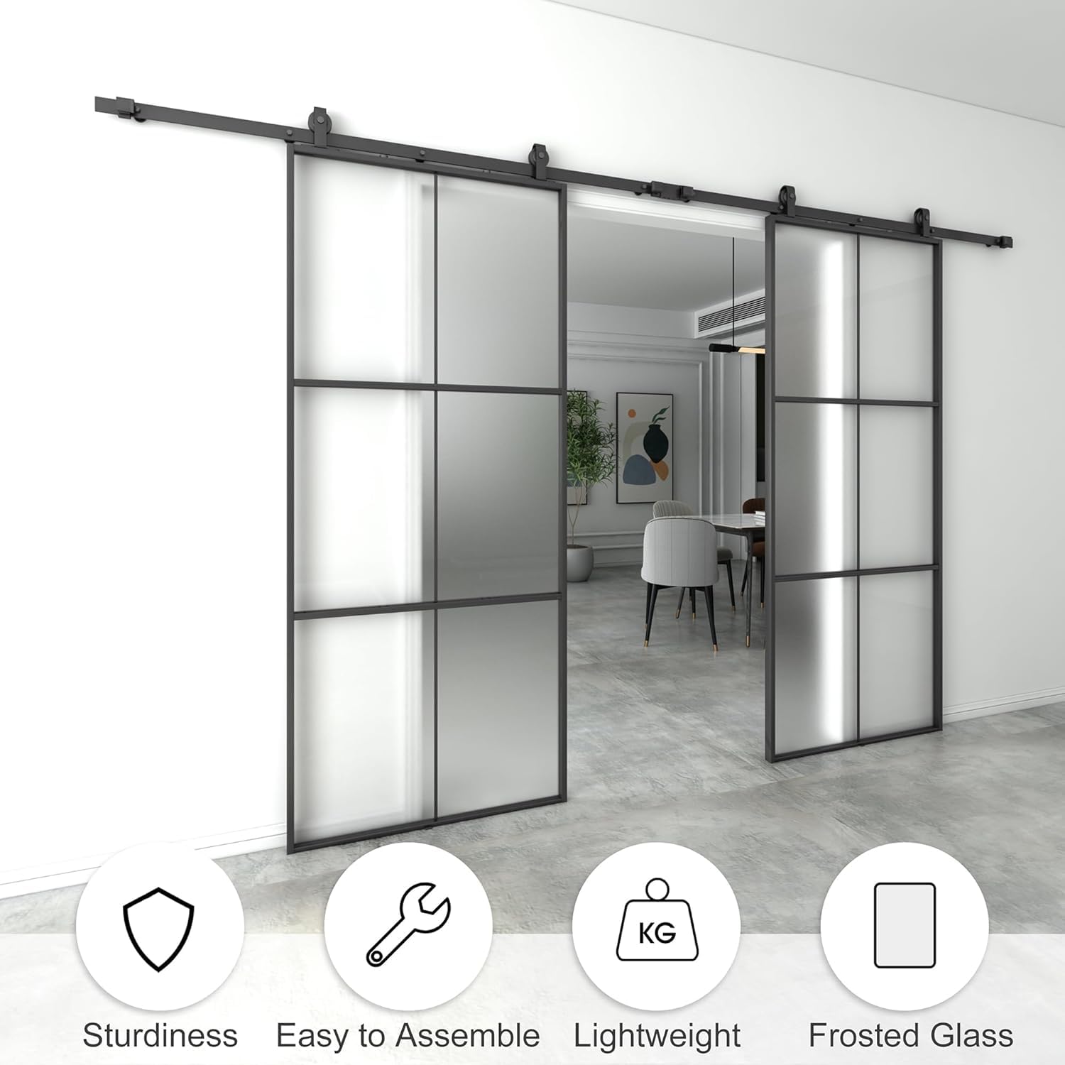 84 x 96 Inch Frosted Glass Double Barn Door with 14FT Sliding Hardware Kit - Aluminum Frame Easy Assembly for Bedroom, Closet & Room Divider | BARNSMITH