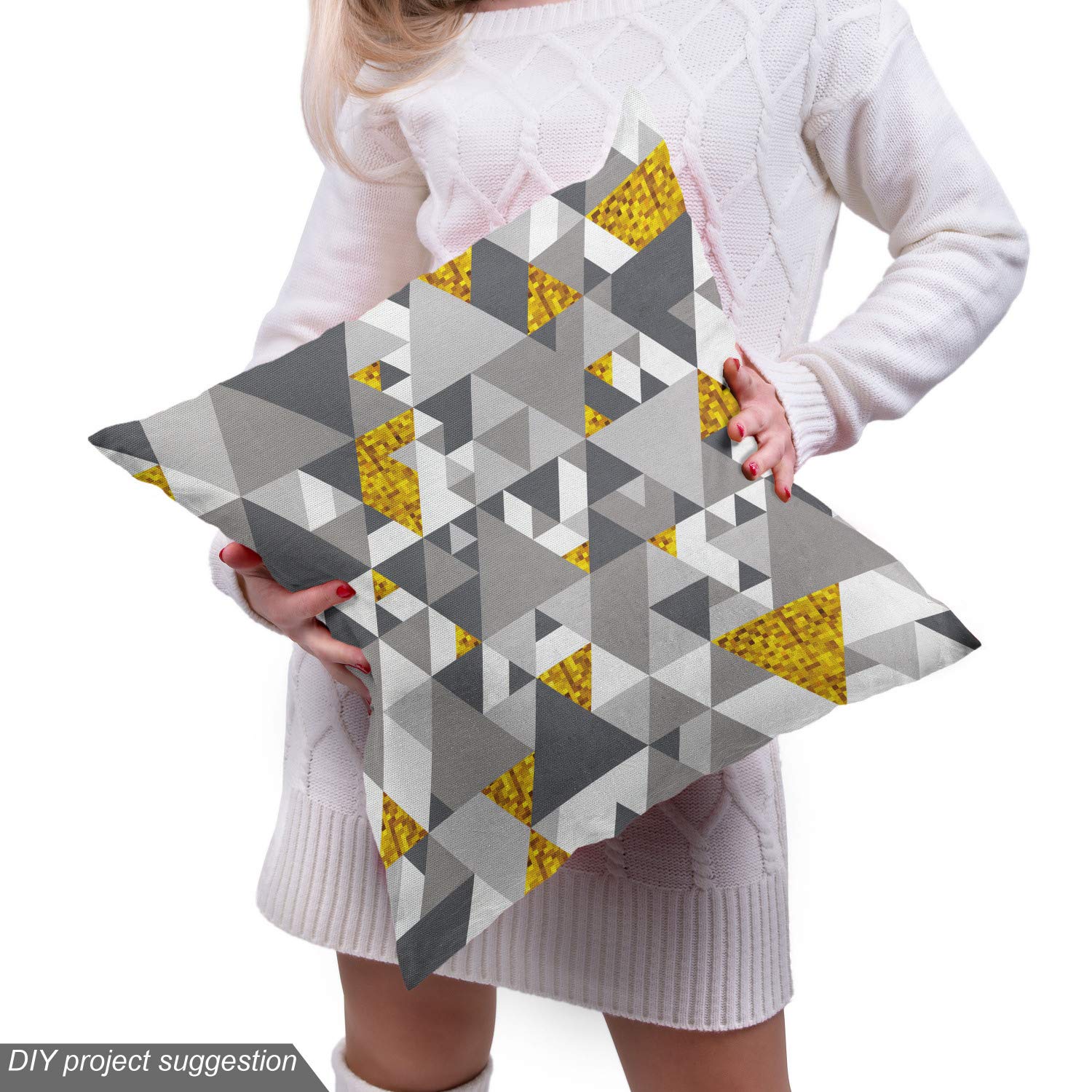 Ambesonne Grey Yellow Fabric - Futuristic Zig Zag Triangles for Upholstery & Home Decor - 1 Yard - Perfect for Sofas & Throw Pillows