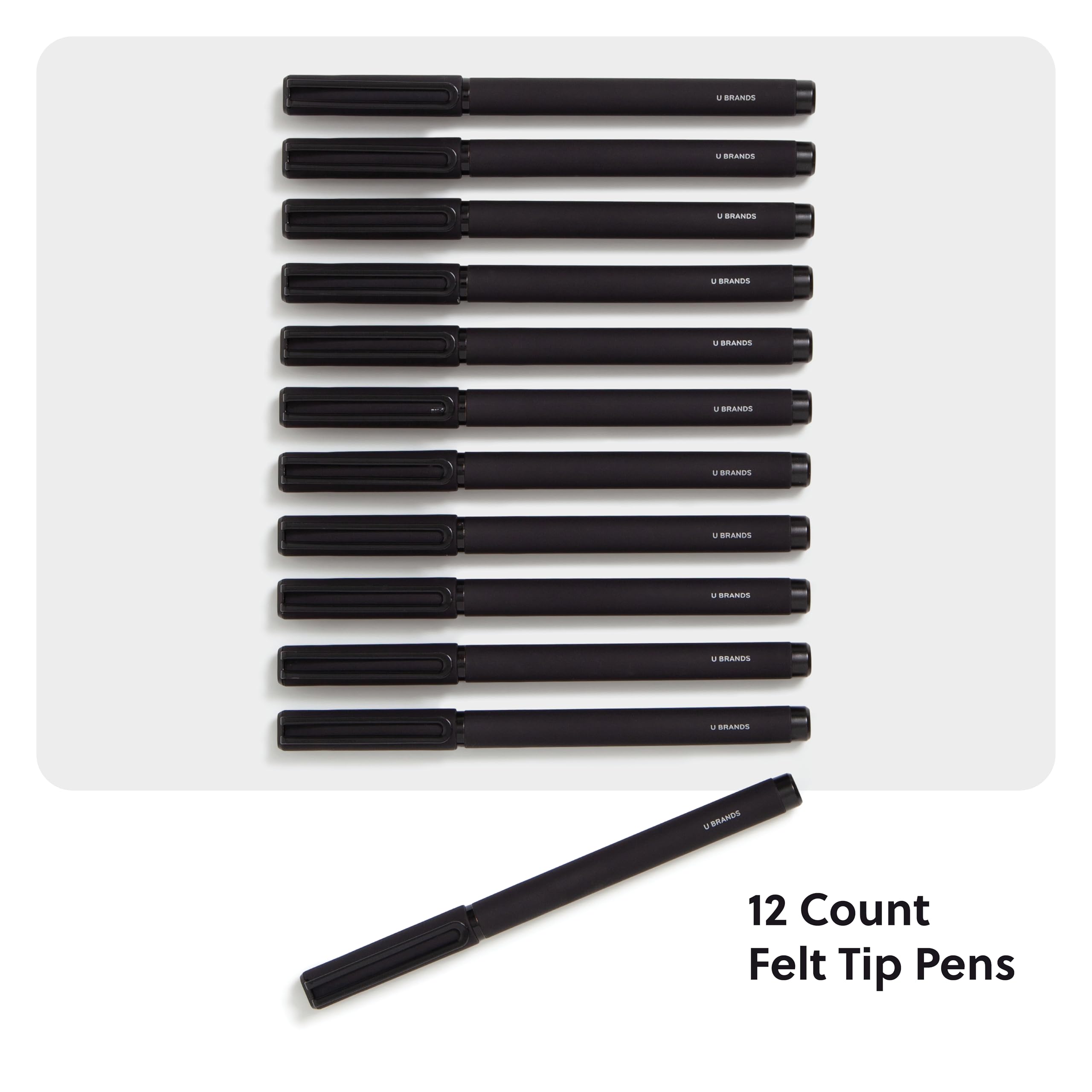 U Brands Midnight Catalina Felt Tip Pens - 12-Pack Fine Point (0.7mm) Black Ink Pens with Soft Touch Grip & Black Metal Accents - Perfect for Journaling, Note Taking, Sketching & Office Work