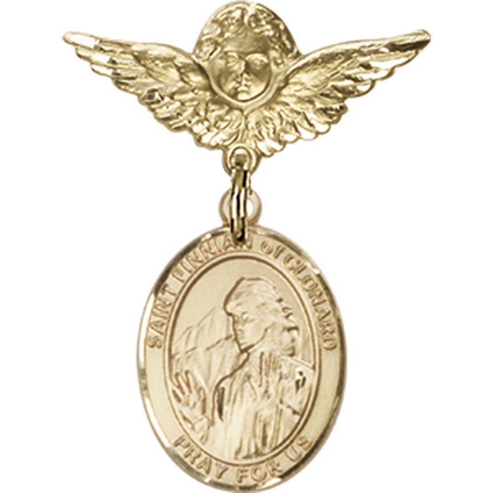 Gold Filled Baby Badge Pin with St. Finnian of Clonard Charm & Angel Wing Charm - 1 x 3/4 Inch - Perfect for Christening Gifts, Baby Showers & Religious Jewelry Collections