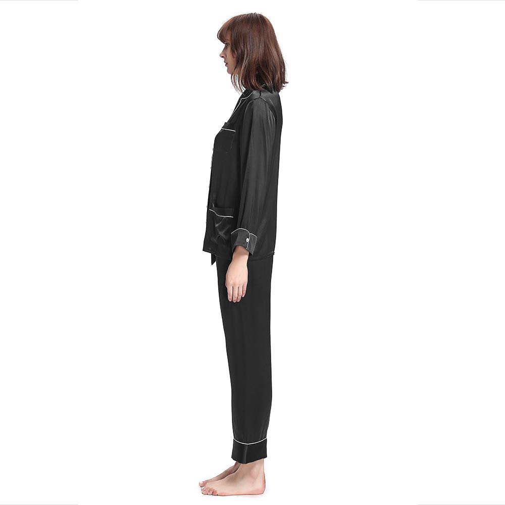 Luxury Women's Long Silk Pajamas Set - V Neck Notched Collar with White Trim - Soft 100% Mulberry Silk Sleepwear for Women - Perfect for Relaxing at Home, Spa Days & Gift Giving