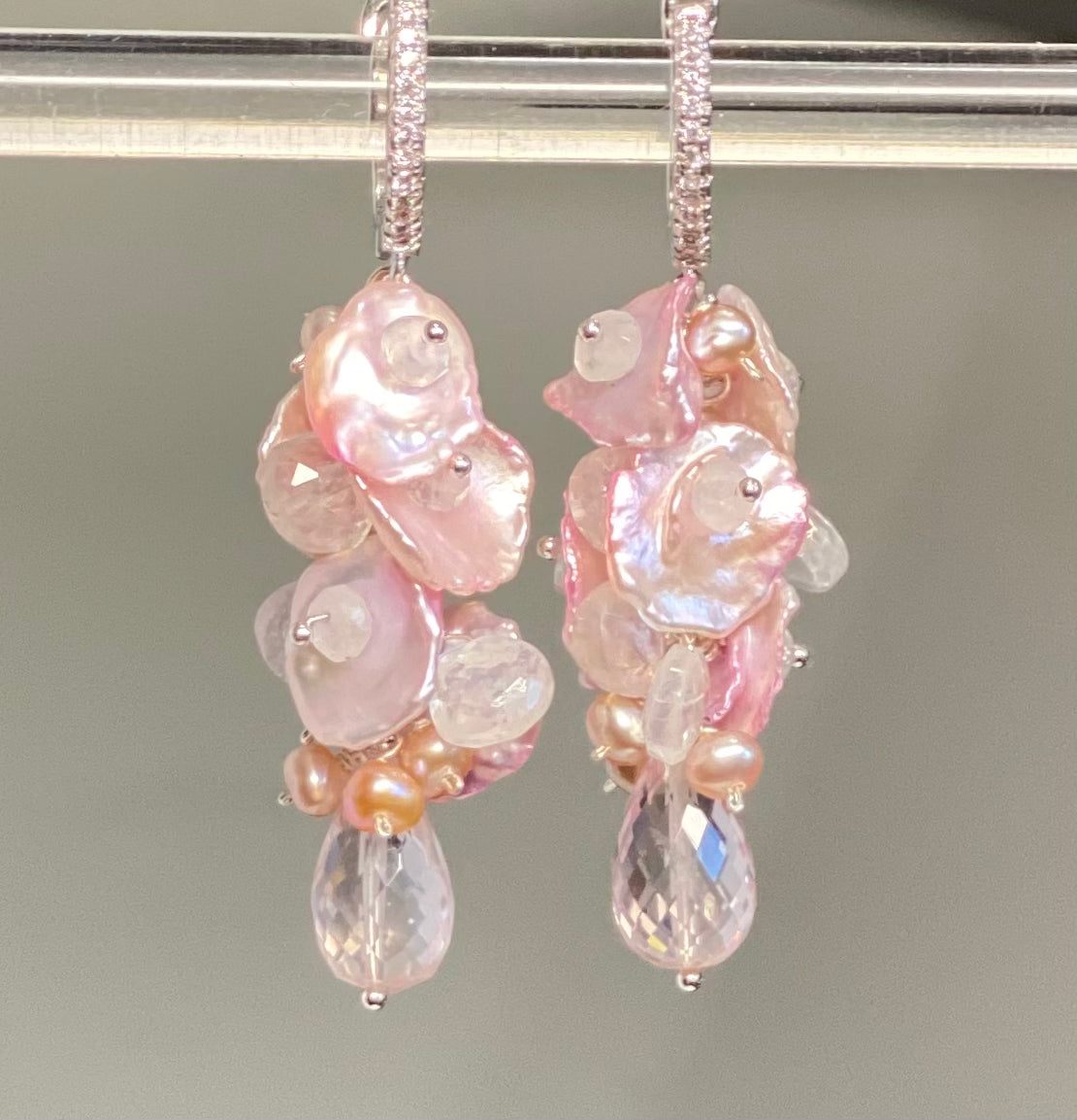 Pink Rose Quartz Moonstone Keishi Pearl Cluster Earrings in Sterling Silver - Elegant Boho Jewelry for Women, Perfect for Weddings, Date Nights & Special Occasions