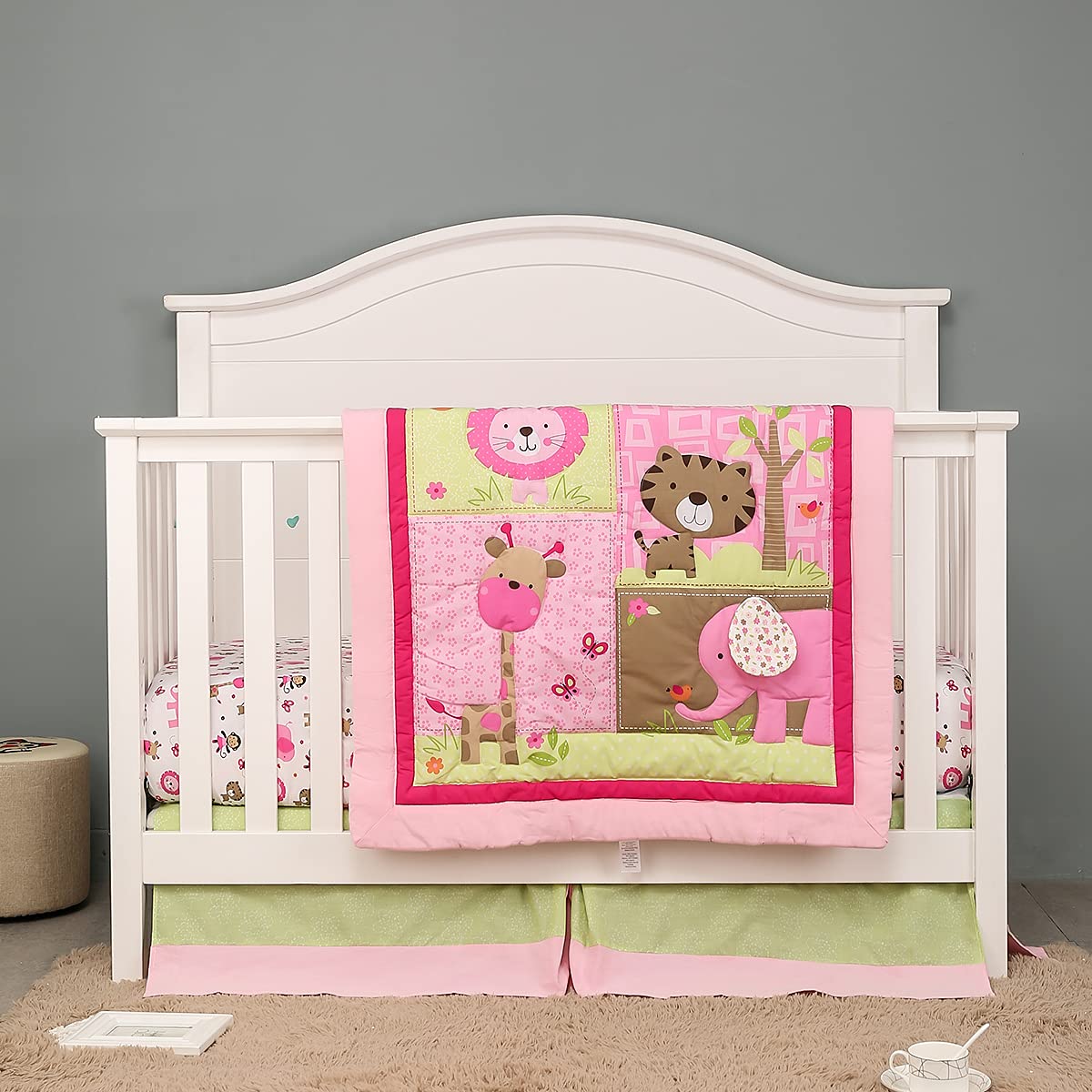 Brandream Pink Jungle Elephant Safari Crib Bedding Set for Girls - 5 Piece Nursery Comforter Set with Fitted Sheet, Crib Skirt & Pillowcase - Perfect for Baby Shower Gifts & Nursery Decor