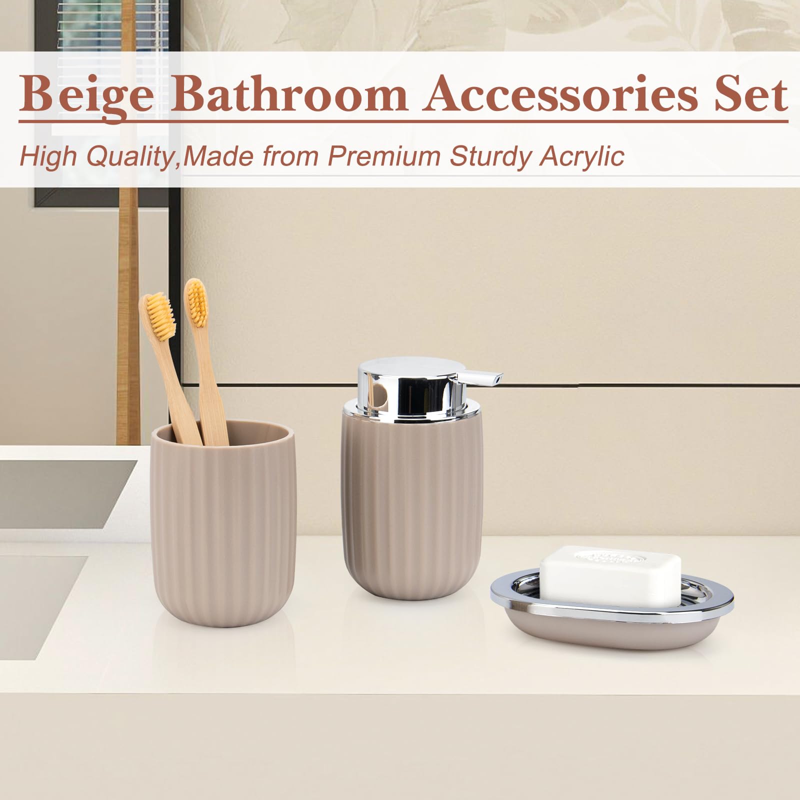 Boperzi 8-Piece Bathroom Accessory Set - Includes Trash Can, Lotion Dispenser, Soap Dish, Toothbrush Holder, Toilet Brush & Adhesive Hooks - Modern Beige Bathroom Decor Kit for Home, Apartment & Guest Bathroom Organization