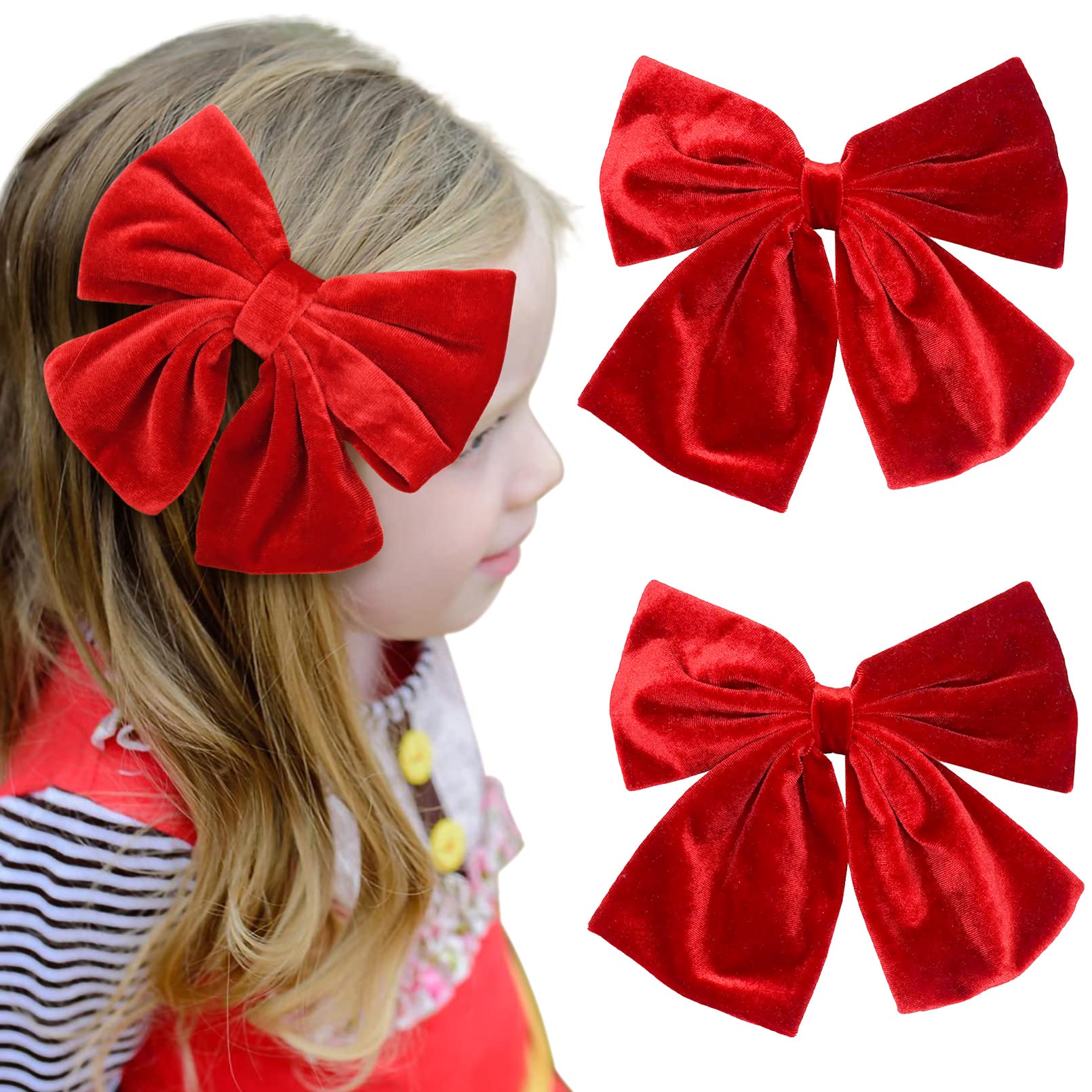 Velvet Hair Bows for Girls - 6 Inch Big Red Fall Hair Clips (2PCS) - Alligator Clips for Toddlers, Teens & Kids - Perfect for School, Parties & Photo Shoots