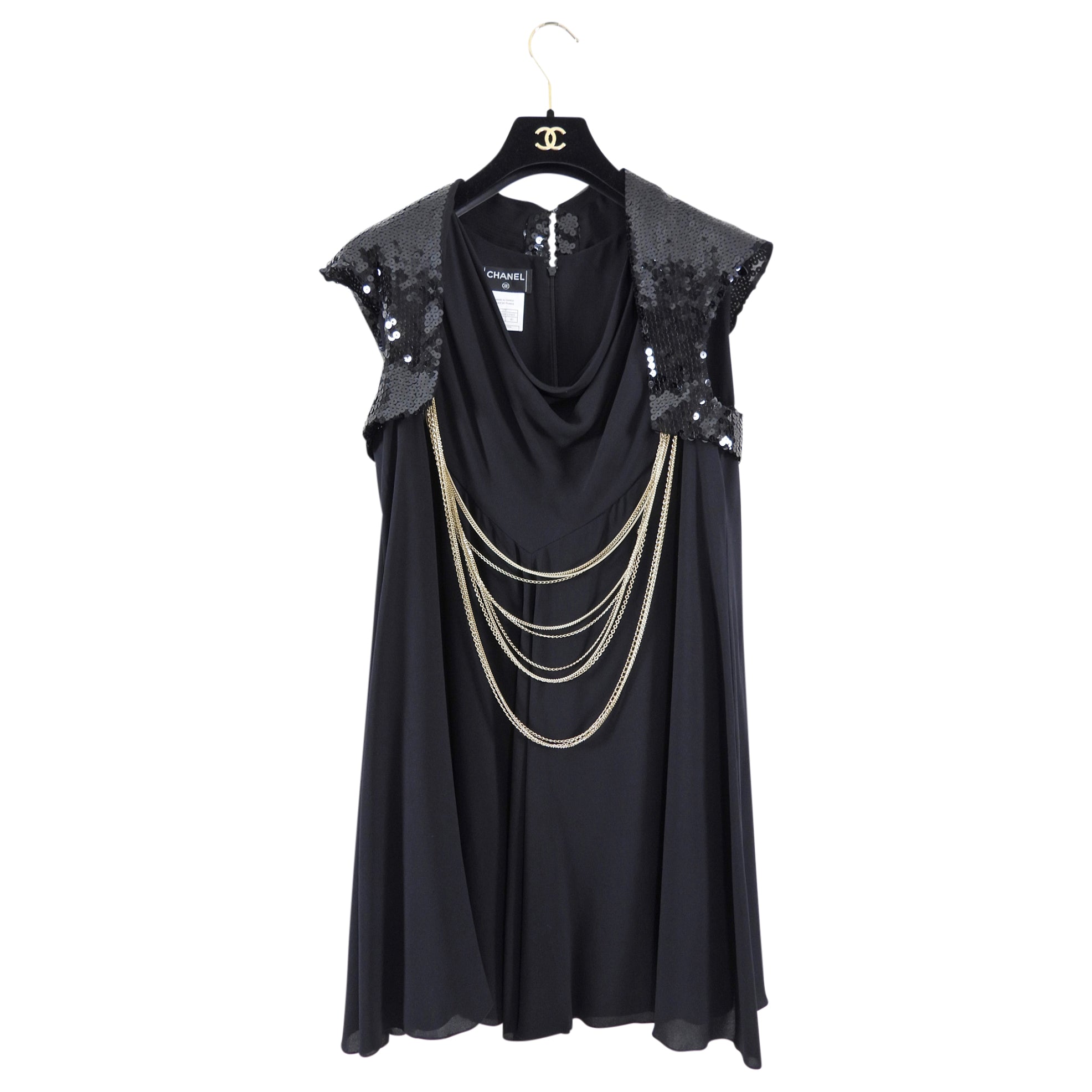 Chanel 07P Black Sequin Flare Dress with Gold Chains - Size FR40 / M - Elegant Evening Gown for Parties, Weddings & Special Occasions