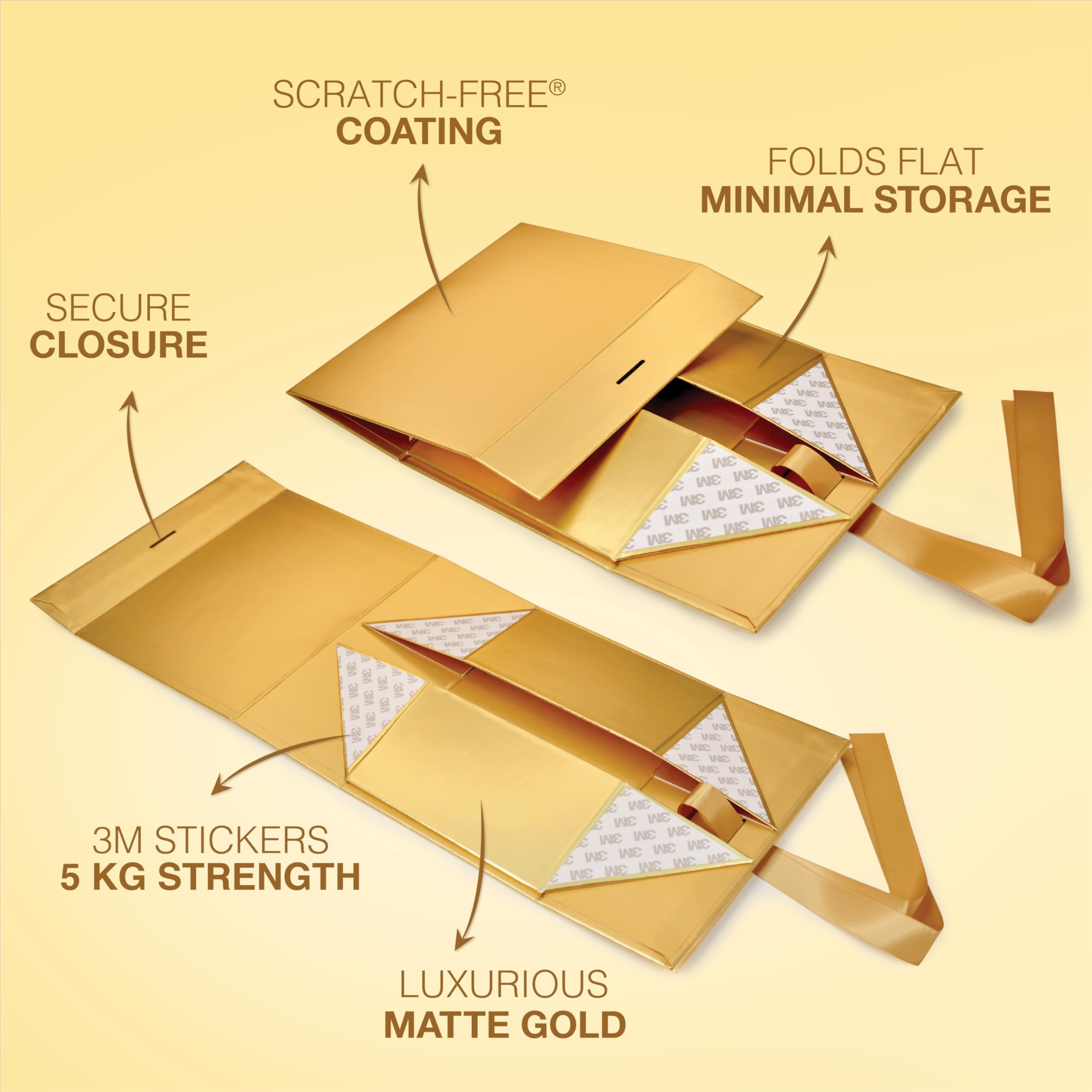 Elegant Gold Gift Box with Ribbon - 23x16x10cm Empty Gift Packaging Box (1 Pack) - Holds up to 5kg for Presents, Wedding Favors, Birthday Gifts & Holiday Decorations - Reusable Decorative Hamper Box for Luxury Gift Wrapping