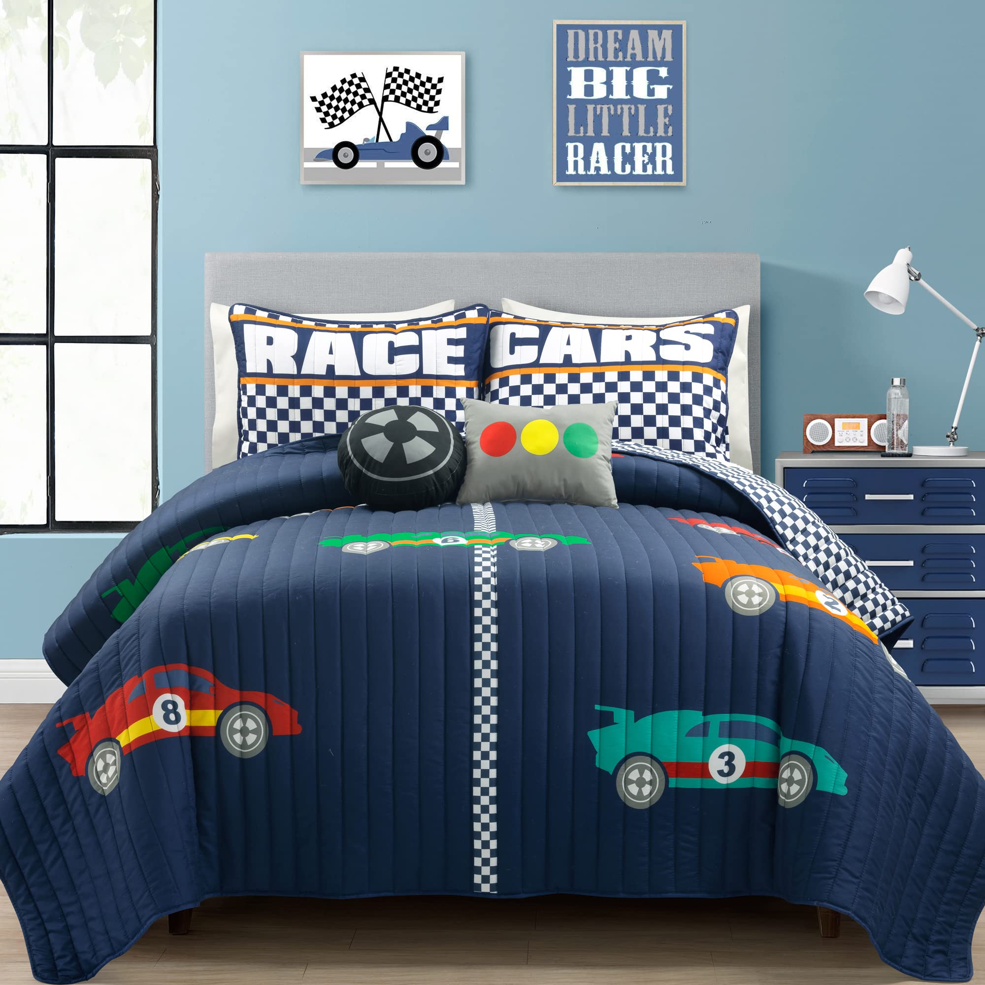 Lush Decor Racing Cars Reversible Quilt Set - Full/Queen Navy for Kids Bedroom