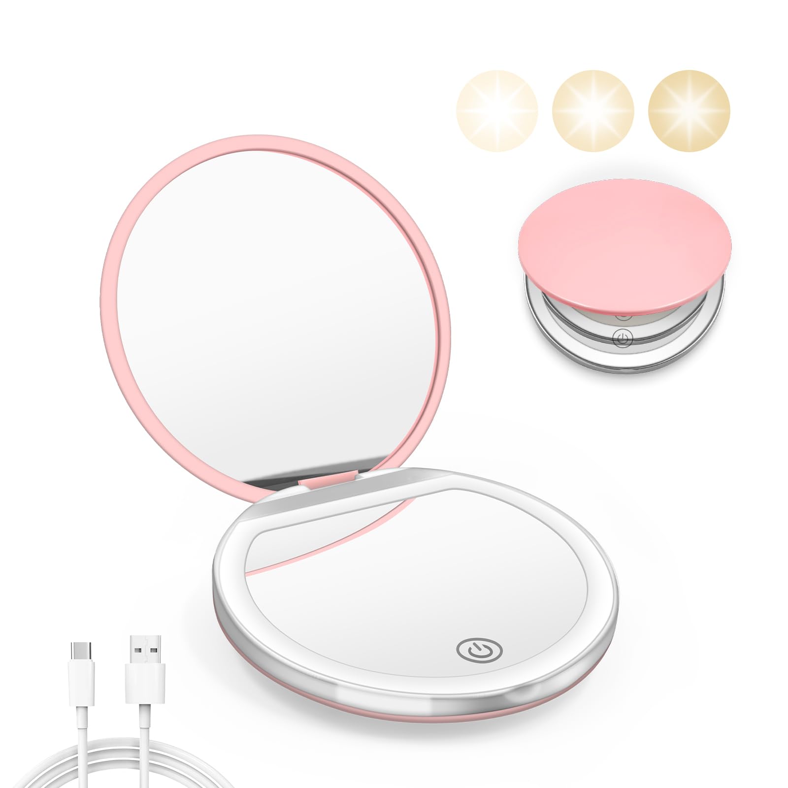 LED Compact Mirror with Light - 1X/3X Magnification, USB Rechargeable Pocket Mirror for Makeup, Travel, Purse & Gifts (Pink) | Perfect for Touch-Ups On-The-Go, Home Vanity & Travel Essentials