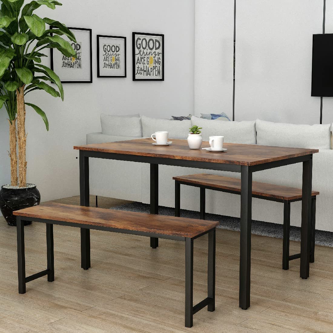 3-Piece Farmhouse Dining Table Set with 2 Benches - Metal Frame & MDF Board - Modern Kitchen Furniture for Home, Apartment, Cafe (Brown) | Perfect for Family Meals, Small Spaces & Rustic Decor