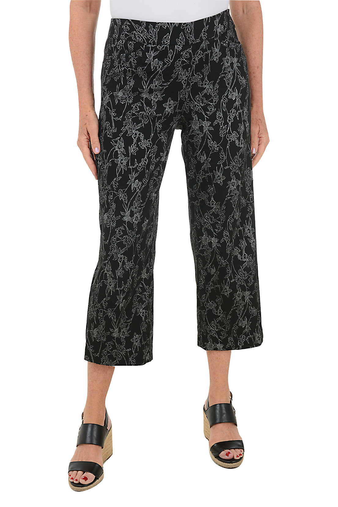 Floral Jacquard Wide Leg Crop Pants for Women - Boho Chic High Waisted Palazzo Trousers - Perfect for Summer, Beach, and Casual Outings