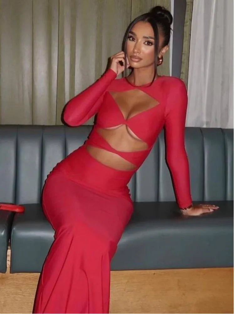 Elegant Hollow Out Long Sleeve Bodycon Dress for Women - Sexy Slim Fit Party Club Evening Dress 2024 | Perfect for Night Out, Date Night, and Special Occasions