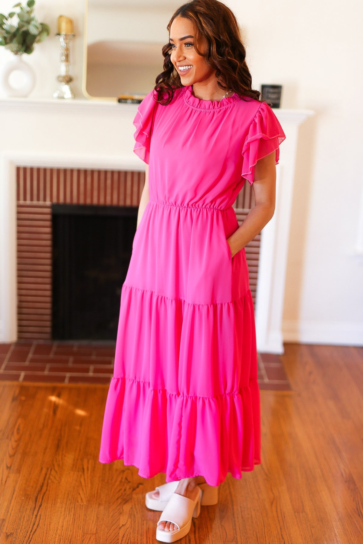 Haptics Perfectly You Hot Pink Mock Neck Tiered Chiffon Maxi Dress for Women - Elegant Formal & Party Wear, Wedding Guest Outfit, Evening Gown