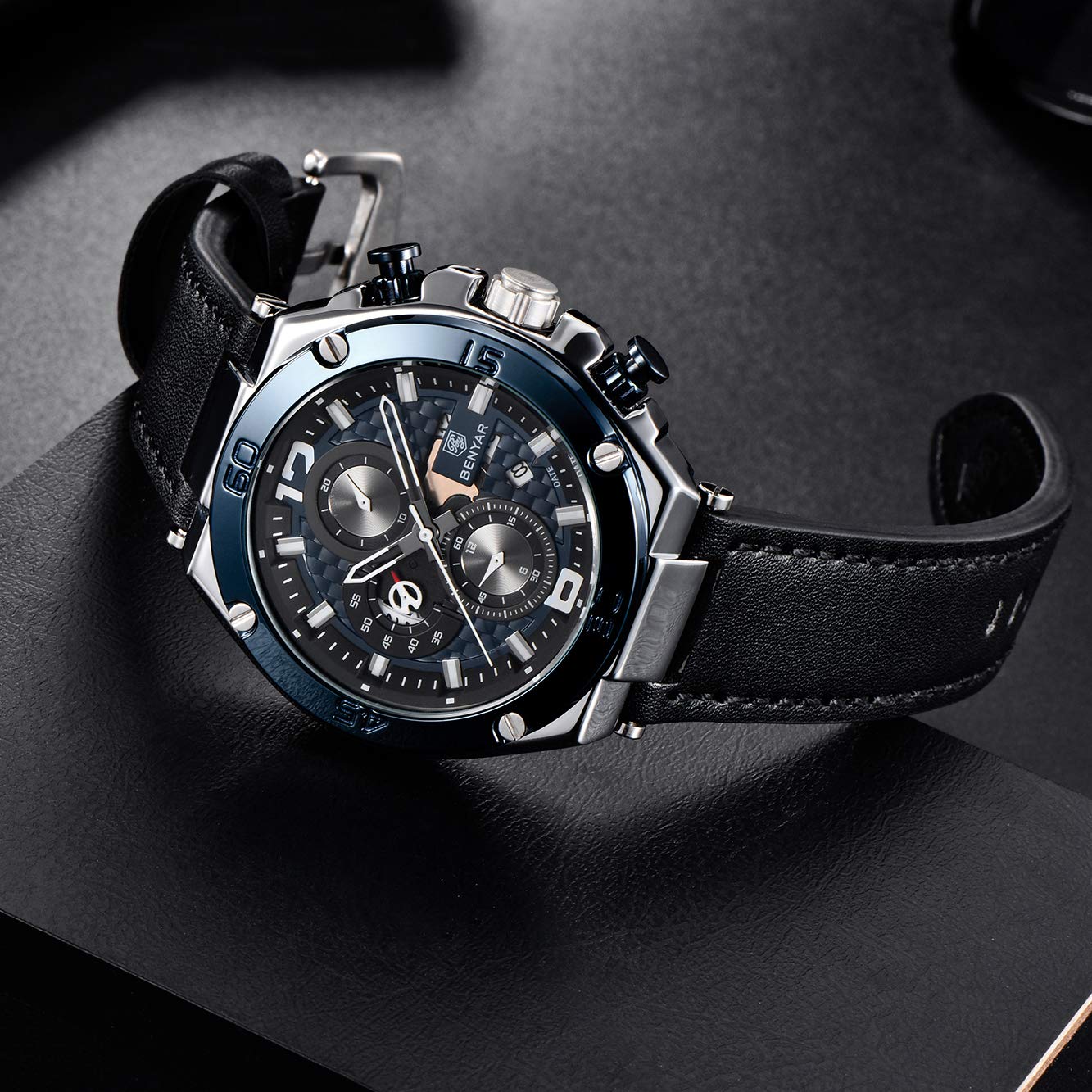 BENYAR Men's Chronograph Date Waterproof Sports Watch - Leather Strap Business Wristwatch for Office, Outdoor & Casual Wear