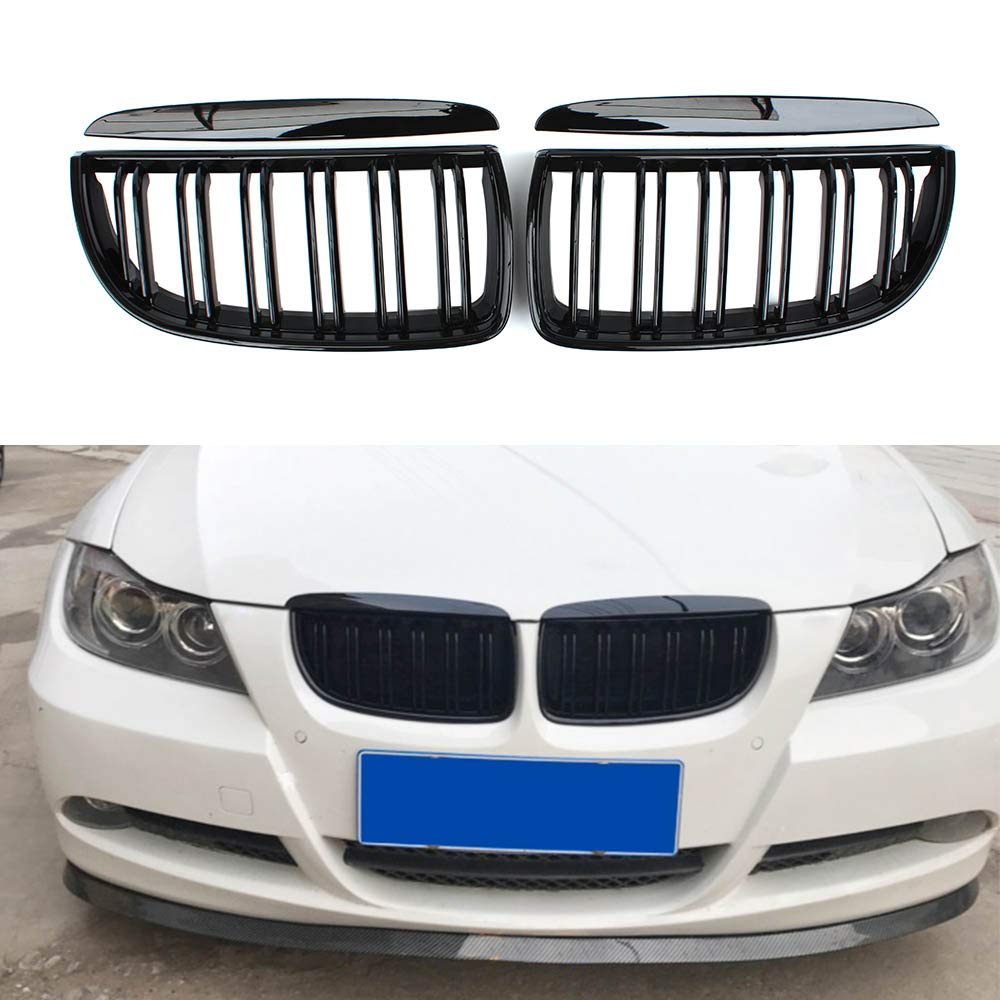 BMW E90 E91 2005-2008 Glossy Black Double Slat Sport Kidney Grille - Pair Replacement for Enhanced Style & Performance - Perfect for Car Enthusiasts & Auto Upgrades