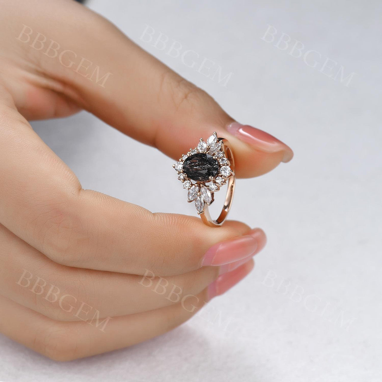 Oval Cut Black Rutilated Quartz Engagement Ring with Marquise Moissanite Halo - Elegant Wedding Band for Proposals, Anniversaries & Special Occasions