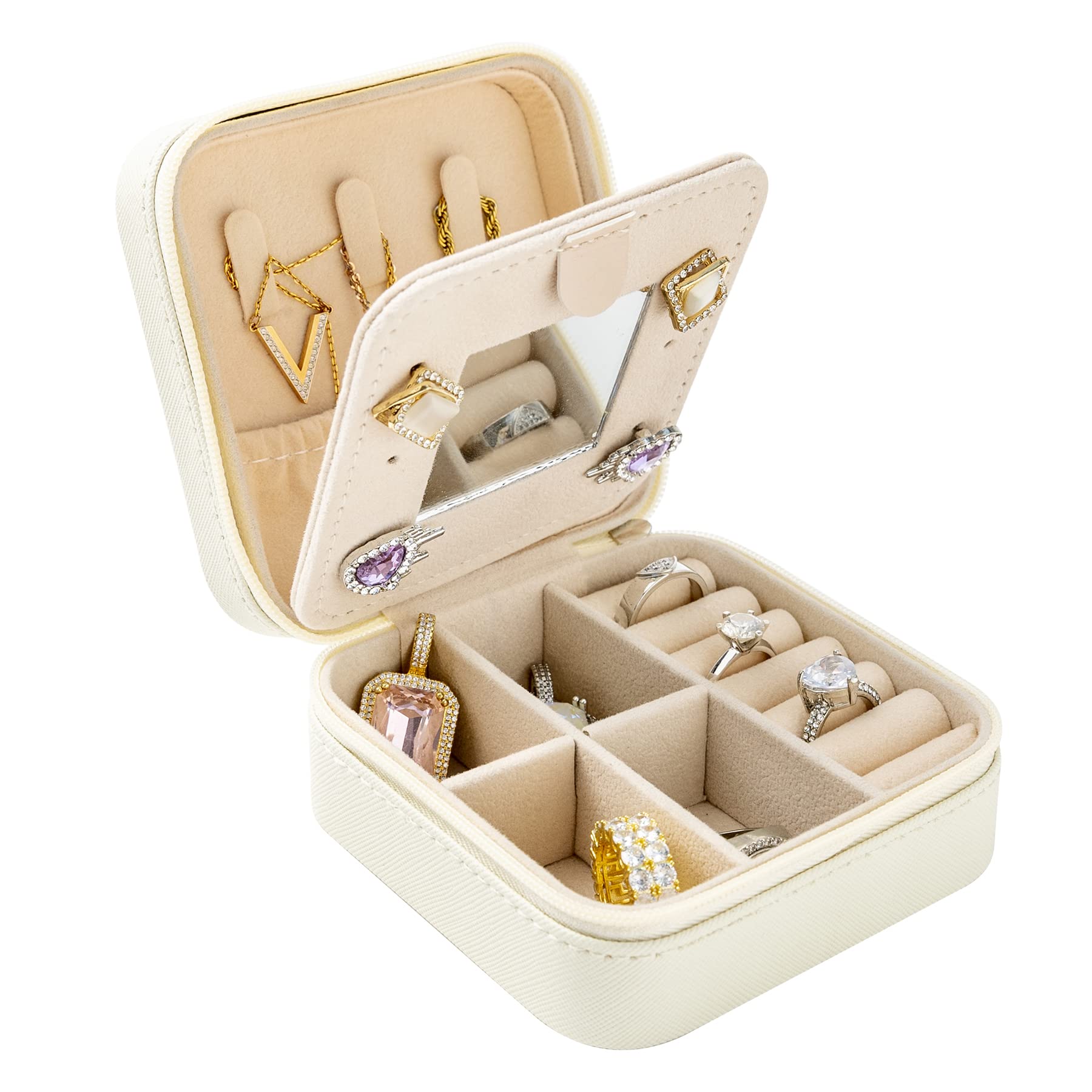 KElofoN Travel Jewelry Organizer Box for Women - Portable Jewelry Case with Mirror, Compact Jewelry Storage for Necklaces, Rings & Earrings (White) - Perfect for Vacation, Business Trips & Daily Use