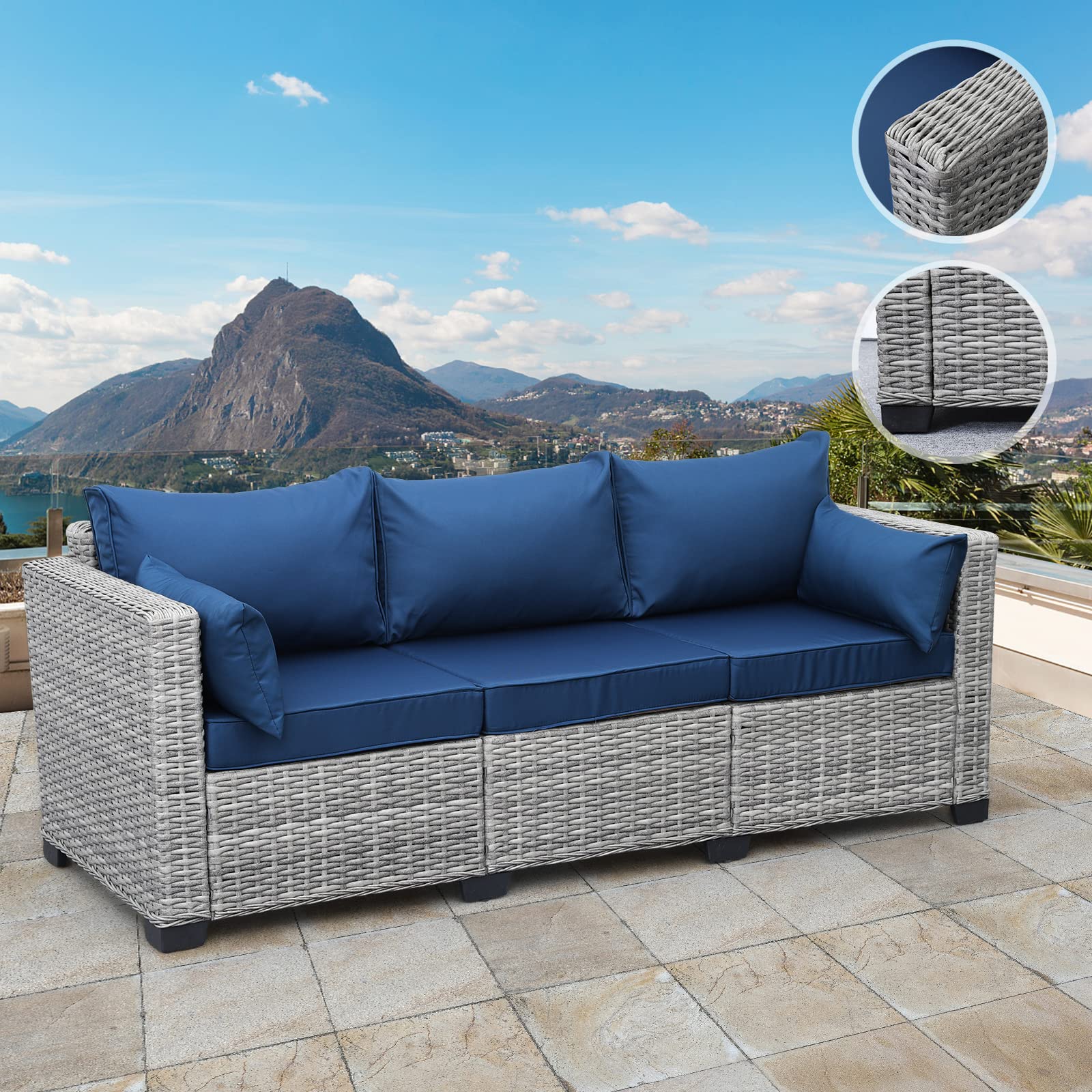Rattaner 3-Piece Outdoor Wicker Patio Sofa Set - Grey Waterproof Deep Seat Couch with High Backrest, Anti-Slip Cushions & Navy Blue Cover - Perfect for Garden, Poolside, and Backyard Relaxation