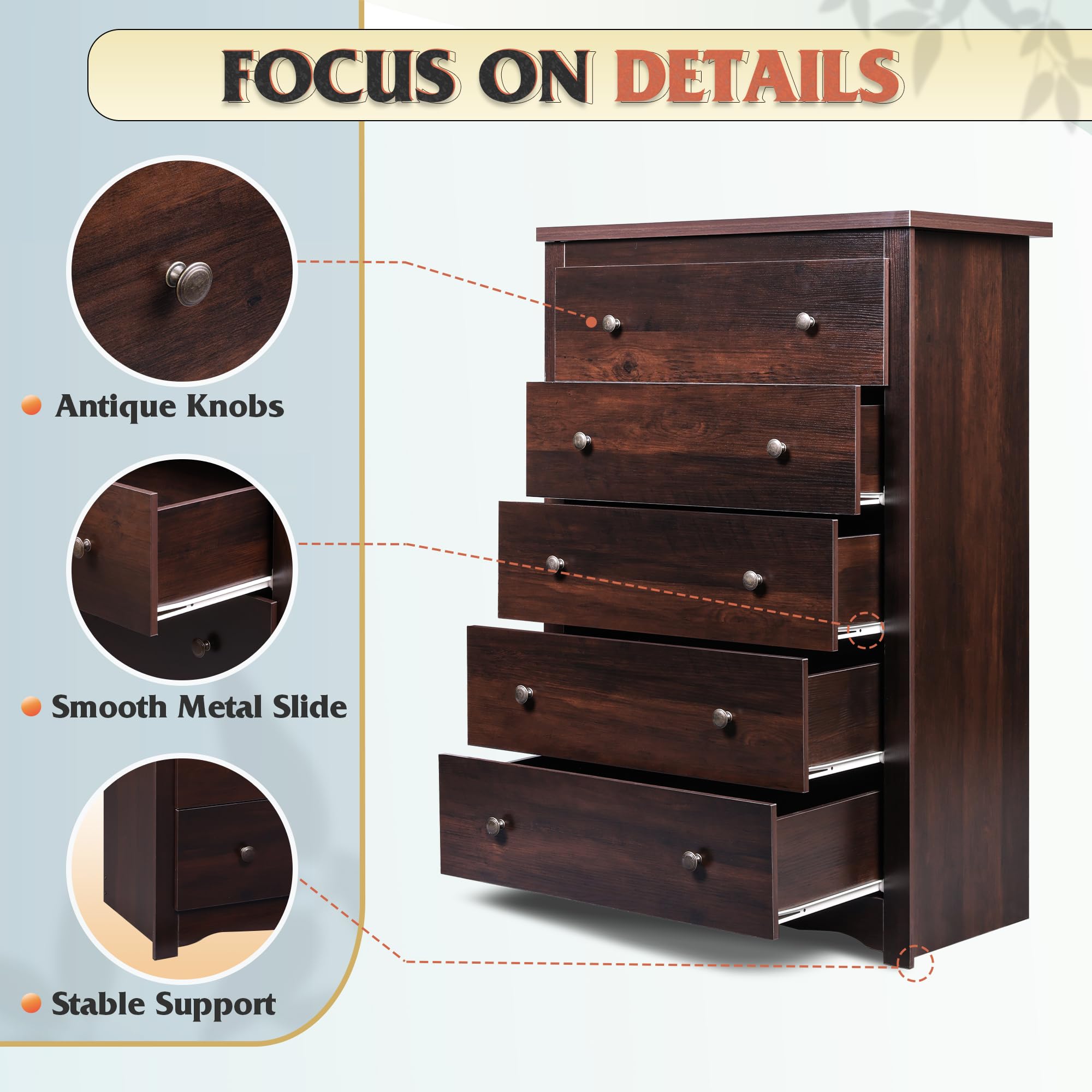 WLIVE 5-Drawer Wooden Dresser for Bedroom - Solid Wood Chest of Drawers with Spacious Storage, 15.7