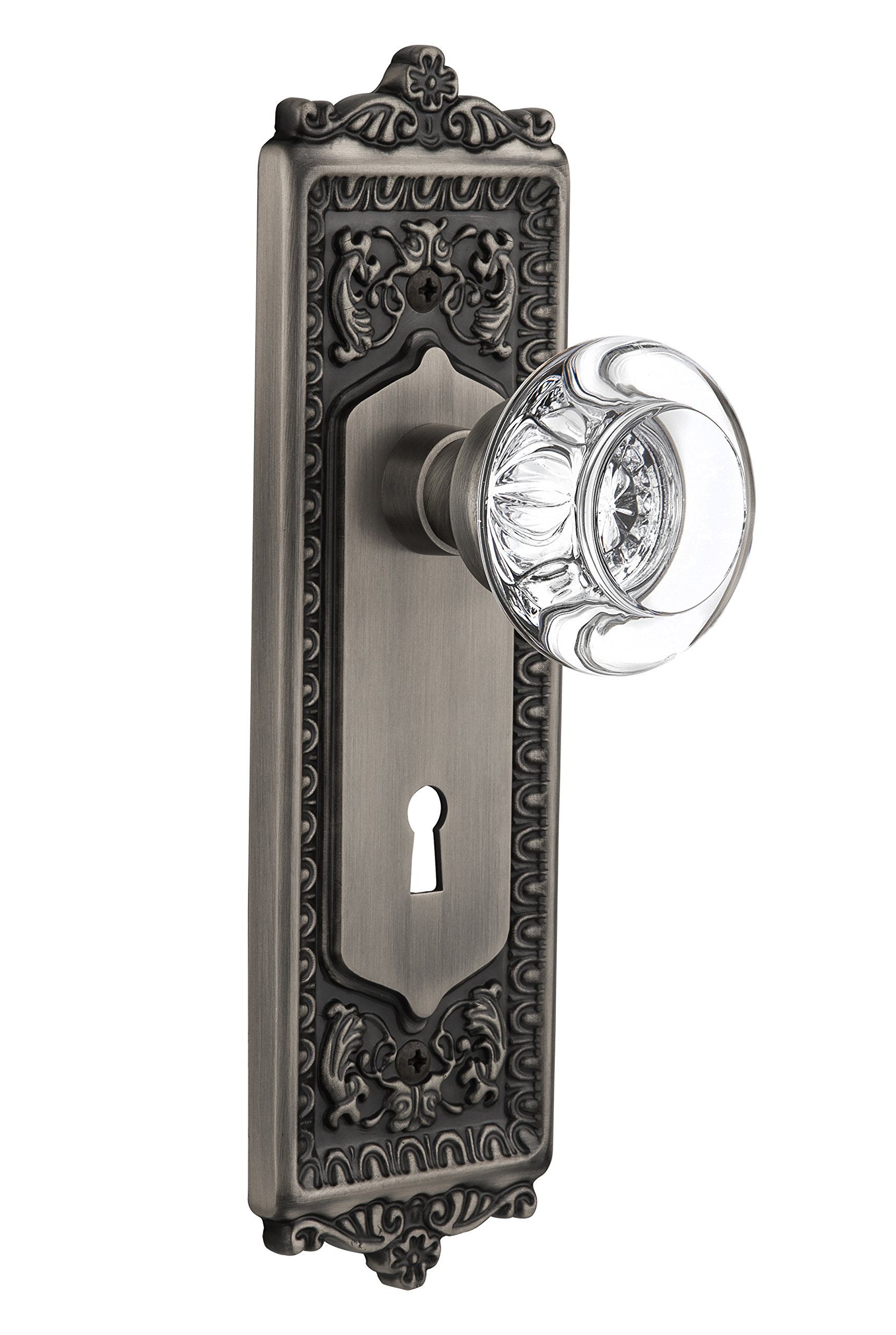 Antique Pewter Egg & Dart Keyhole Plate with Clear Crystal Glass Knob - 2.375